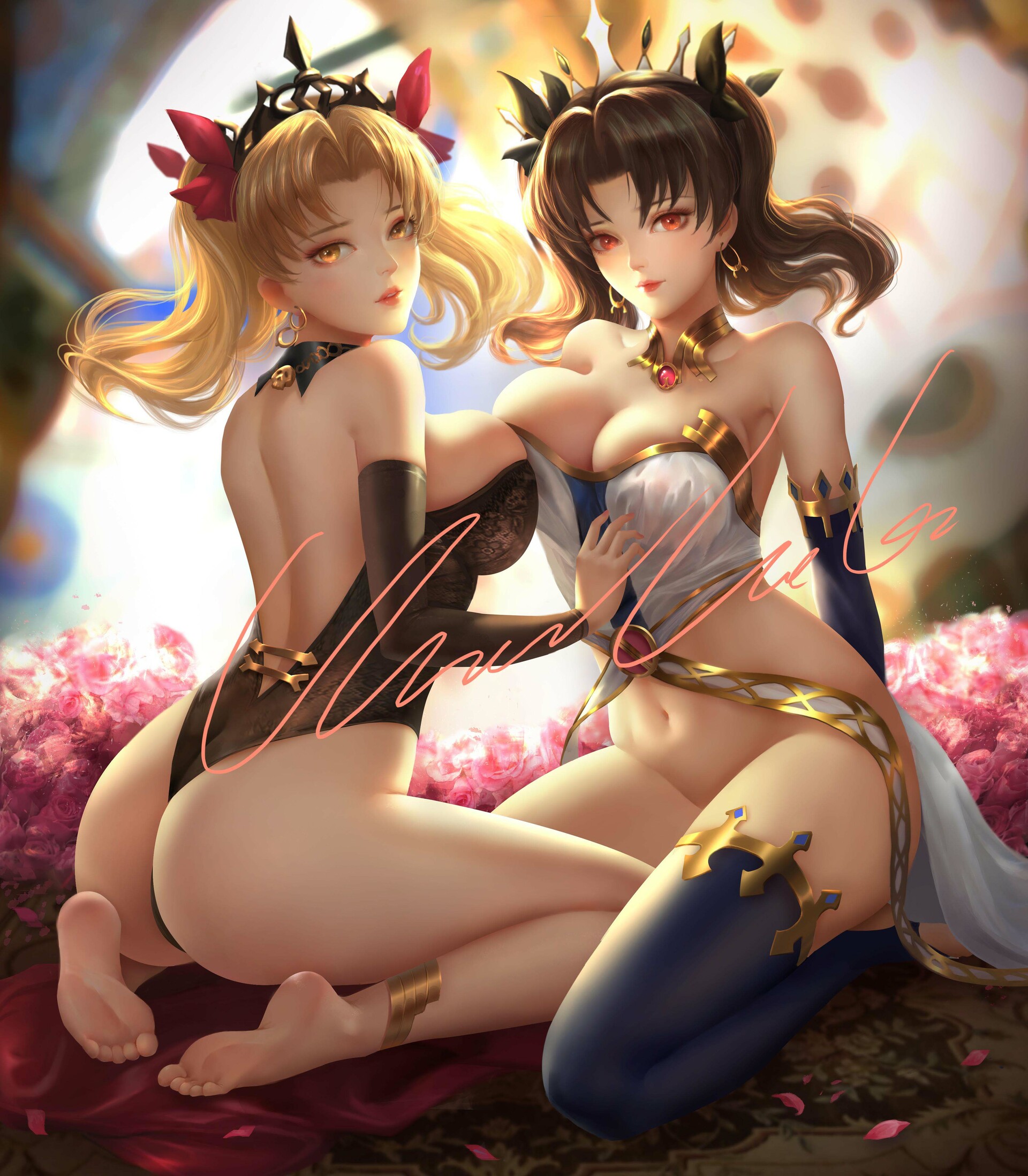 ereshkigal (fate), ishtar (fate), fate (series), 2girls, ass, back, black hair, blonde hair, blurry, blurry background, breast press, breasts, carpet, chunwhei lee, day, earrings, feet, gold, huge breasts, jewelry, kneeling, lips, long hair, looking at viewer, looking back, multiple girls, navel, petals, red eyes, signature, soles, thighhighs, twintails, veil, yellow eyes, yuri