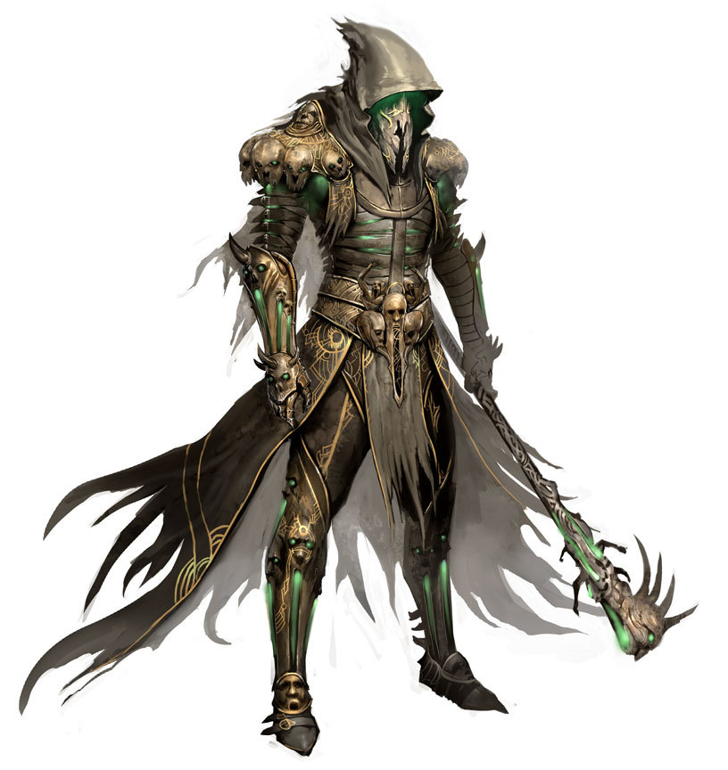 kekai kotaki, grenth, guild wars (series), guild wars 1, concept art, 1boy, fantasy, male focus, mask, robe, skull, solo, staff