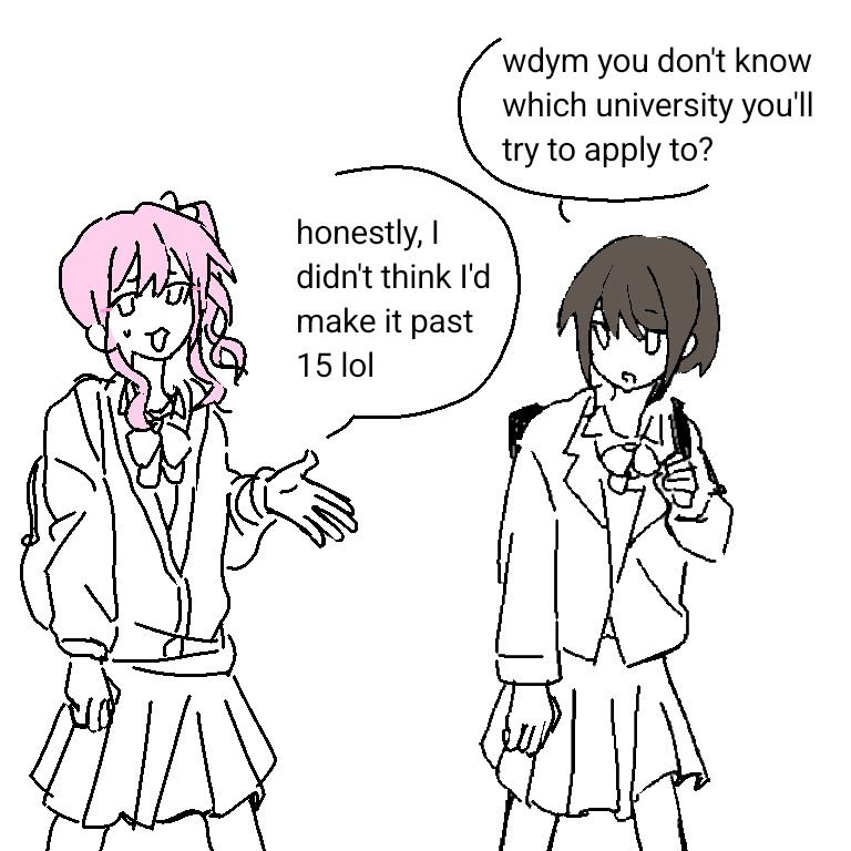original, 2girls, english text, multiple girls, pink hair, school uniform, speech bubble