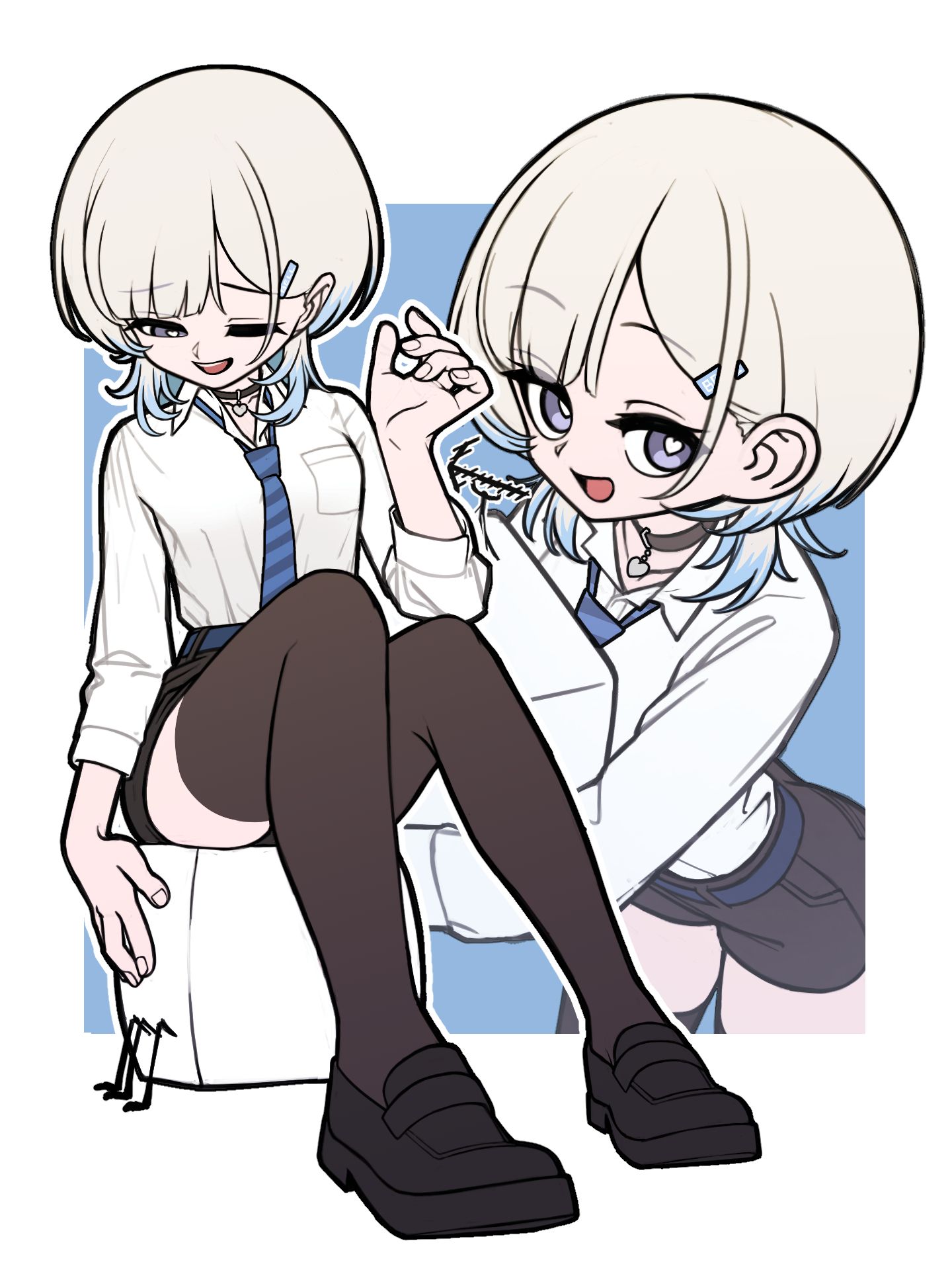 arimoto wataru, original, 1girl, black skirt, black thighhighs, choker, heart, heart-shaped pupils, multiple views, necktie, shirt, sitting, skirt, symbol-shaped pupils, thighhighs, white shirt