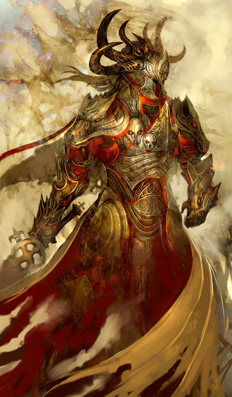 kekai kotaki, balthazar, guild wars (series), guild wars 1, concept art, 1boy, armor, fantasy, helmet, male focus, mask, solo, sword, weapon
