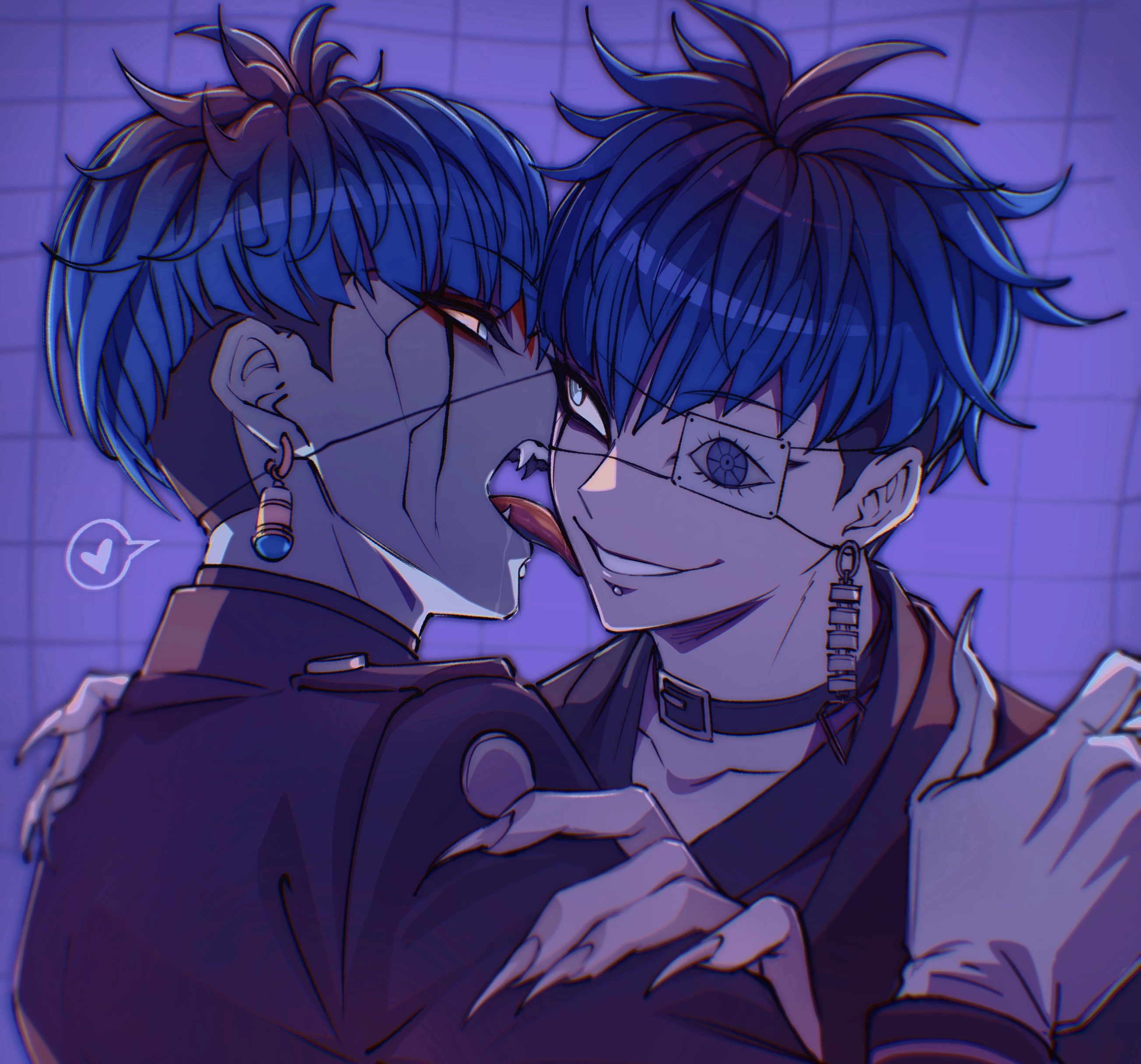 omokage yugamu, the hundred line -last defense academy-, absurdres, commentary request, highres, 2boys, black choker, black hair, black haori, black kimono, blue eyes, blue hair, blurry, blurry background, chamuchai, choker, collarbone, colored skin, dual persona, earrings, empty eyes, eye print, eyeliner, eyepatch, face piercing, facial mark, fangs, fingernails, gakuran, gloves, grey skin, grin, hand on another's arm, hand on another's shoulder, haori, heart, jacket, japanese clothes, jewelry, kimono, labret piercing, last defense academy school uniform, licking, looking at another, makeup, male focus, multicolored hair, multiple boys, no pupils, piercing, print eyepatch, purple background, red eyeliner, school uniform, sharp fingernails, short hair, smile, spoken heart, undercut, white gloves, yaoi