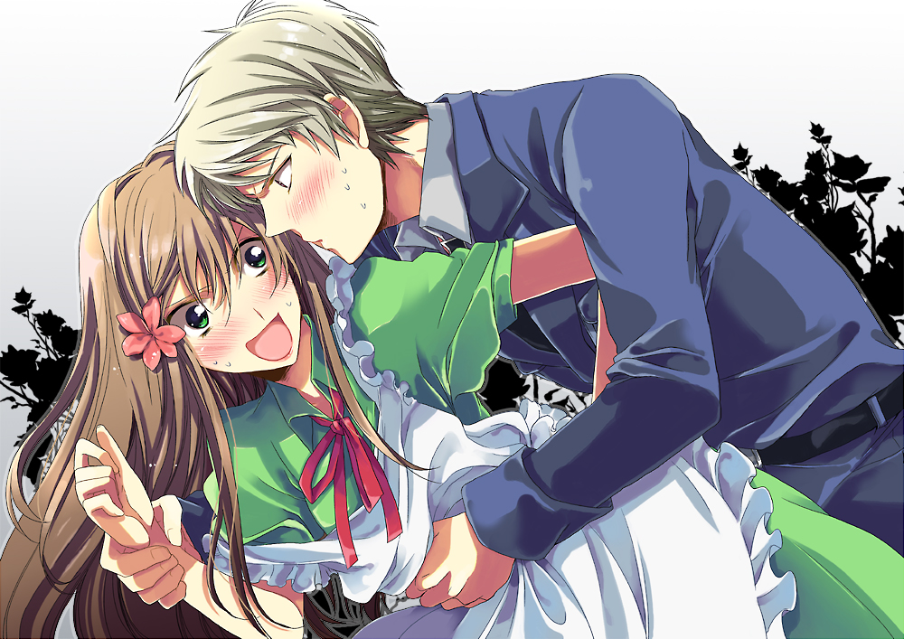 nakayama miyuki, hungary (hetalia), prussia (hetalia), axis powers hetalia, bad id, bad pixiv id, 00s, 1boy, 1girl, apron, blush, brown hair, couple, dress, flower, grey hair, hair flower, hair ornament, hetero, holding another's wrist, hug, hug from behind, long hair, maid, maid apron, military, military uniform, short hair