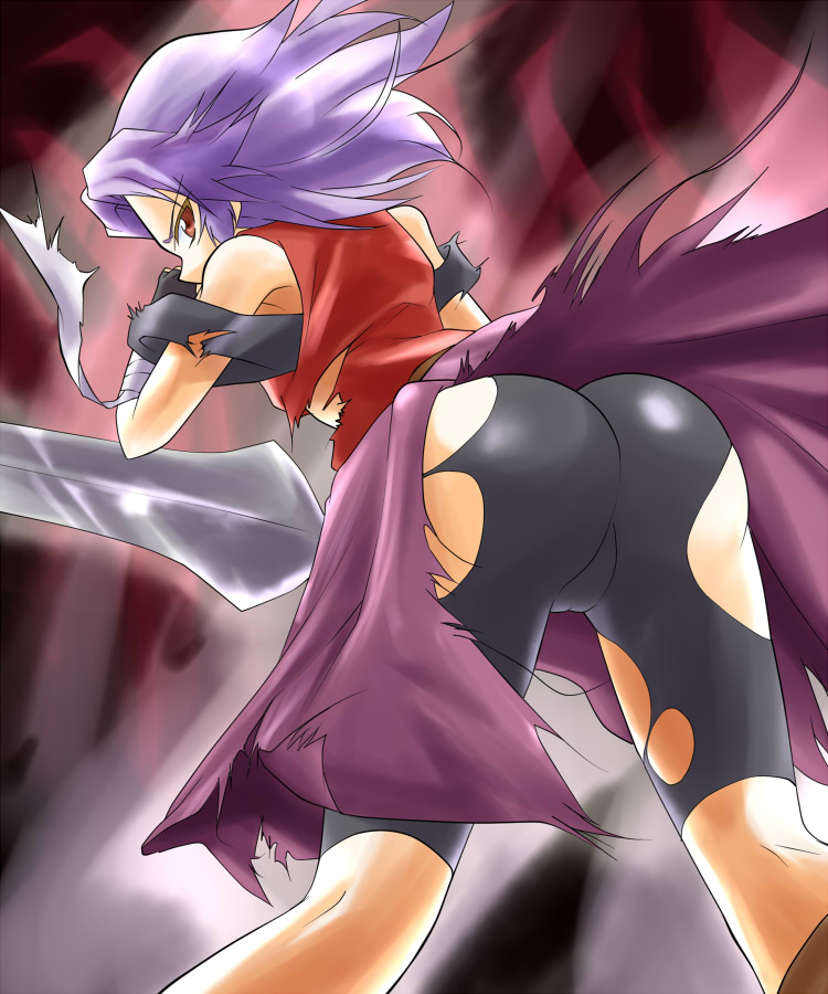 urutsu sahari, kajiki yumi, saki (manga), 00s, ass, bike shorts, purple hair, red eyes, solo, torn clothes