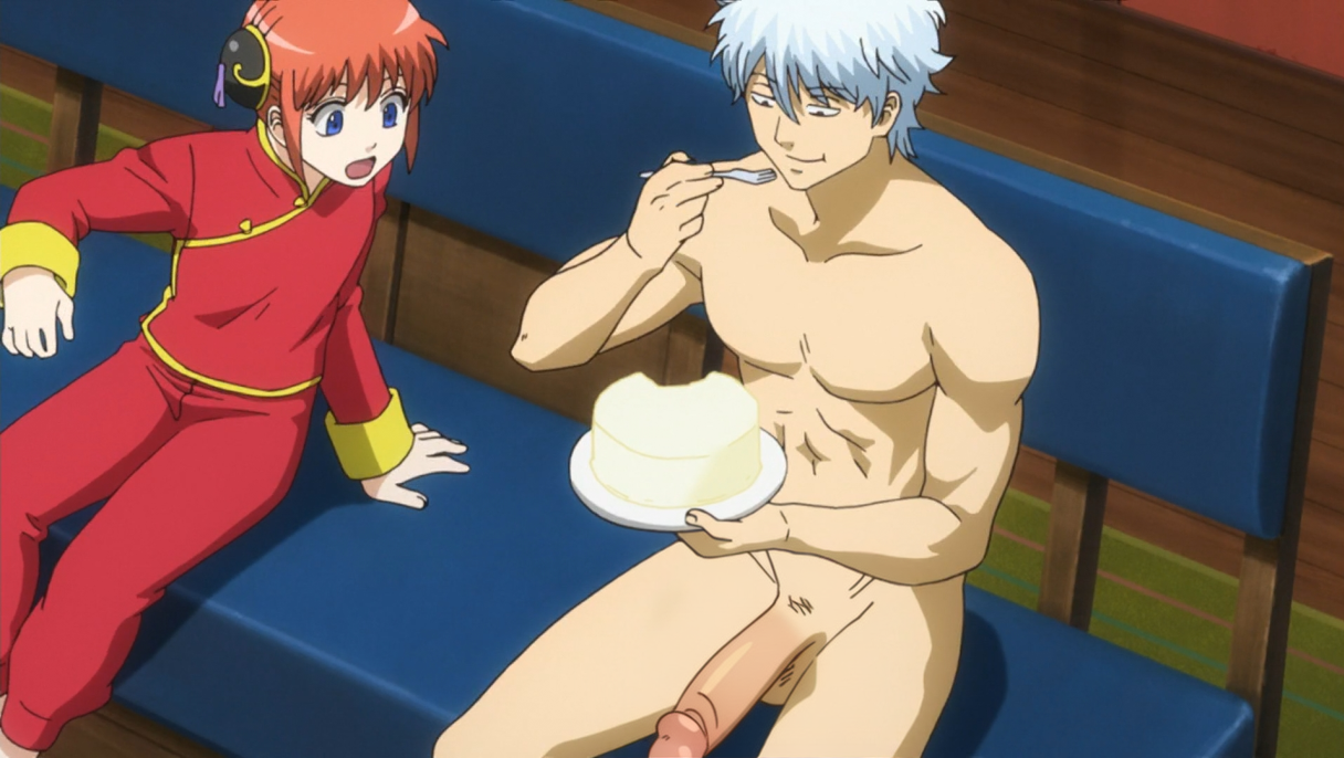 kagura (gintama), sakata gintoki, gintama, anime screenshot, third-party edit, 1boy, 1girl, blue eyes, blue hair, china dress, chinese clothes, clothed female nude male, dress, eating, nude, orange hair, penis, short hair, sitting