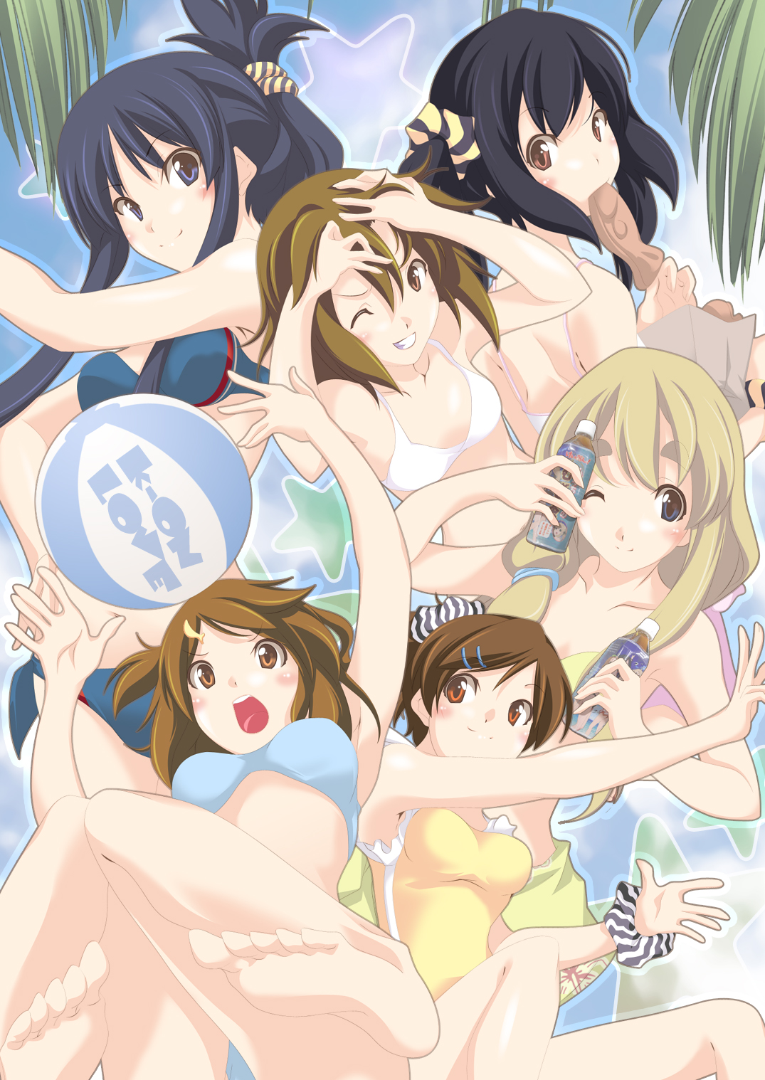 akaho sakura, akiyama mio, hirasawa ui, hirasawa yui, kotobuki tsumugi, nakano azusa, tainaka ritsu, k-on!, eyebrows, bad id, bad pixiv id, highres, 00s, 6+girls, ball, barefoot, beachball, bikini, feet, ho-kago tea time, multiple girls, one eye closed, soles, star (symbol), swimsuit, wink