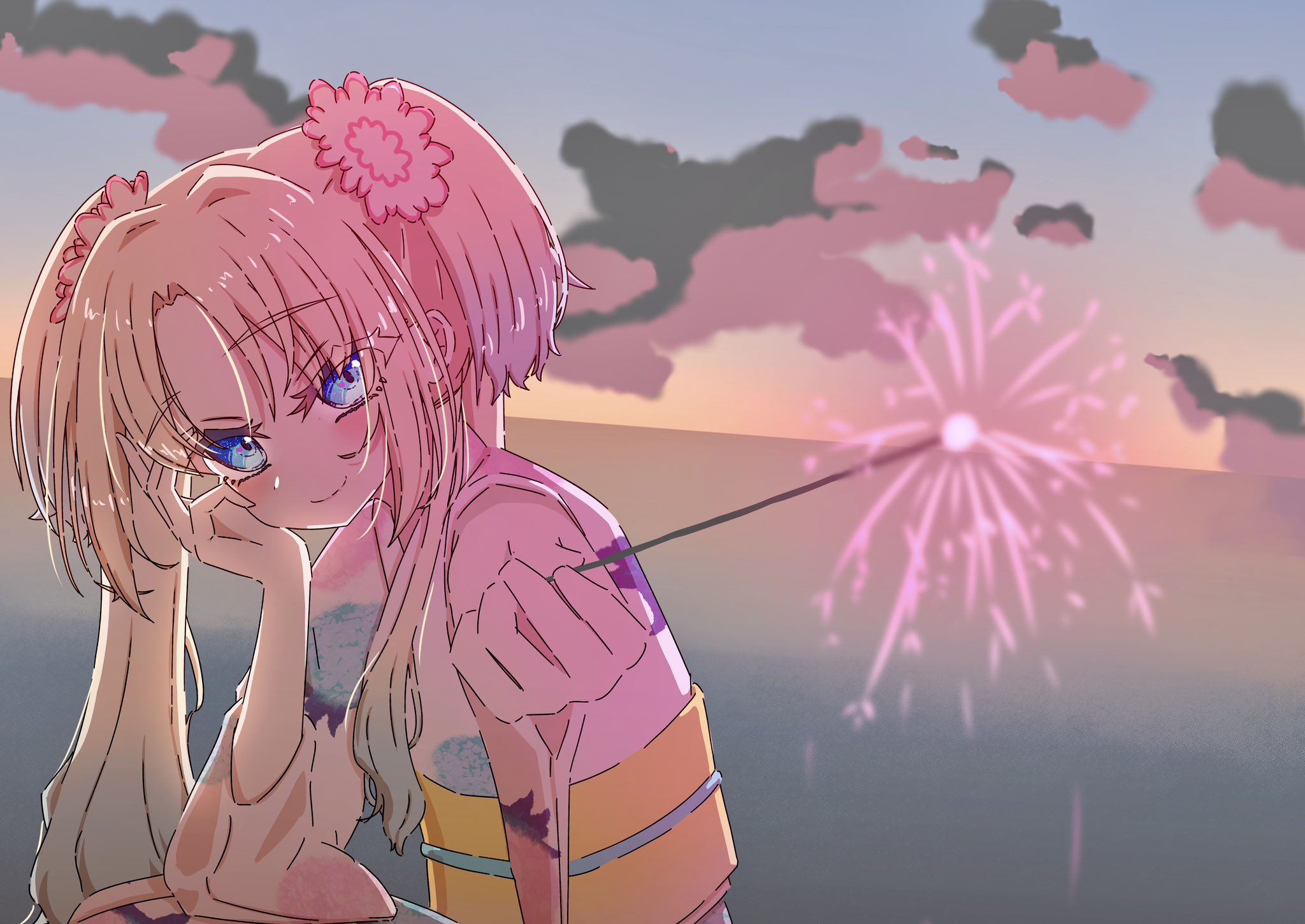 sanya (sanya ikuyo), osawa rurino, osawa rurino (hokkoku hanabi), link! like! love live!, love live!, commentary request, highres, 1girl, closed mouth, fireworks, floral print, floral print kimono, flower, hair flower, hair intakes, hair ornament, holding, holding fireworks, hydrangea print, japanese clothes, kimono, looking at viewer, obi, obijime, parted bangs, pink flower, print kimono, sash, sitting, smile, solo, sparkler, split mouth, twintails, upper body, virtual youtuber, white kimono, yellow sash