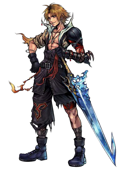 nomura tetsuya, tidus, dissidia final fantasy, final fantasy, final fantasy x, official art, 00s, 1boy, belt, boots, full body, hand on own hip, male focus, solo, standing, sword, weapon