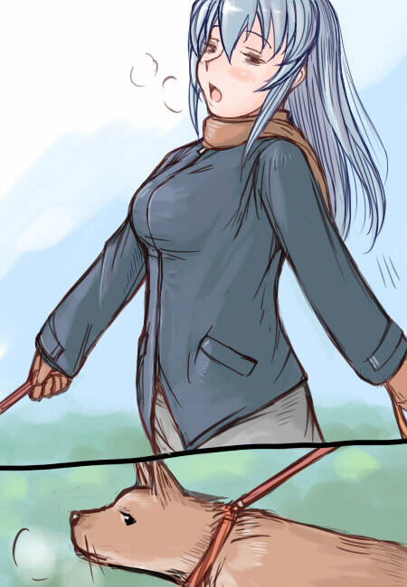 tsuda nanafushi, suigintou, rozen maiden, silver hair, 00s, 1girl, aged up, breasts, casual, dog, female focus, gloves, large breasts, leash, pet walking, scarf, solo