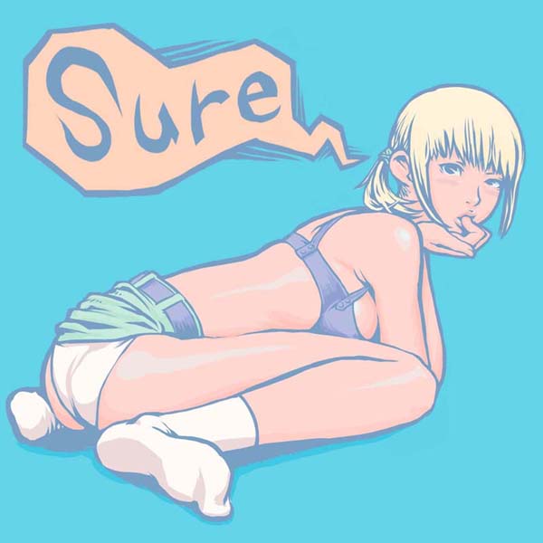 kaieda hiroshi, 1girl, blonde hair, bra, clothes lift, english text, female focus, licking, licking finger, lingerie, lips, panties, ponytail, short hair, simple background, skirt, skirt lift, socks, solo, speech bubble, underwear, white panties