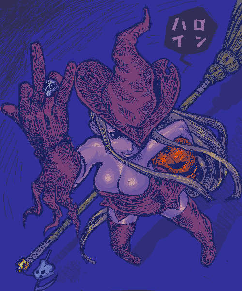 kaieda hiroshi, 1girl, blonde hair, blue background, boots, breasts, broom, cleavage, dress, female focus, from above, gloves, halloween, hat, jack-o'-lantern, jewelry, large breasts, long hair, night, oekaki, pumpkin, red boots, red hat, ring, skull, solo, speech bubble, very long hair, witch, witch hat