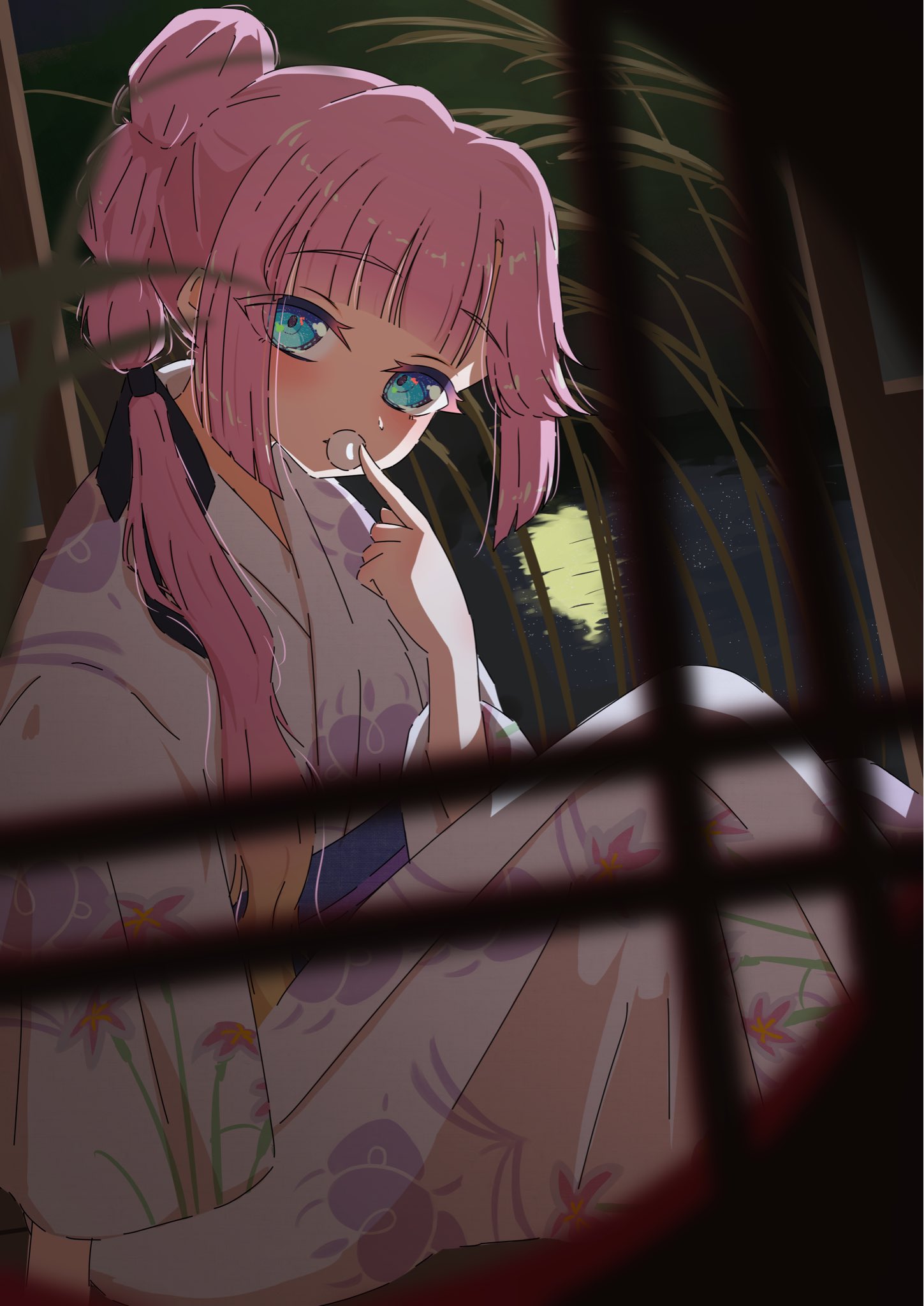 sanya (sanya ikuyo), anyoji hime, anyoji hime (hokkoku hanabi), link! like! love live!, love live!, commentary request, highres, 1girl, black ribbon, blunt bangs, blurry, blurry foreground, blush, feet out of frame, floral print, floral print kimono, hair ribbon, japanese clothes, kimono, looking at viewer, multi-tied hair, official alternate costume, pink hair, ponytail, print kimono, purple kimono, ribbon, sidelocks, sitting, solo, virtual youtuber