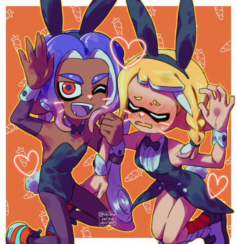 ariamikukanzaki, nintendo, splatoon (series), splatoon 3, commentary, 1boy, 1girl, animal ear hairband, animal ears, black bow, black bowtie, black dress, black panties, blonde hair, blue hair, blush, bow, bowtie, braid, breasts, carrot background, clenched hand, closed eyes, dark-skinned male, dark skin, detached collar, detached sleeves, dress, embarrassed, eyebrow cut, fake animal ears, fake tail, fangs, hairband, heart, hirooooo (splatoon), inkling, leotard, locked arms, male playboy bunny, nontraditional playboy bunny, octoling, panties, pantyhose, paw pose, rabbit ear hairband, rabbit ears, red eyes, shoes, side braid, signature, small breasts, sneakers, strapless, strapless leotard, tail, tentacle hair, traditional bowtie, underwear, veronika (splatoon), waving, wrist cuffs