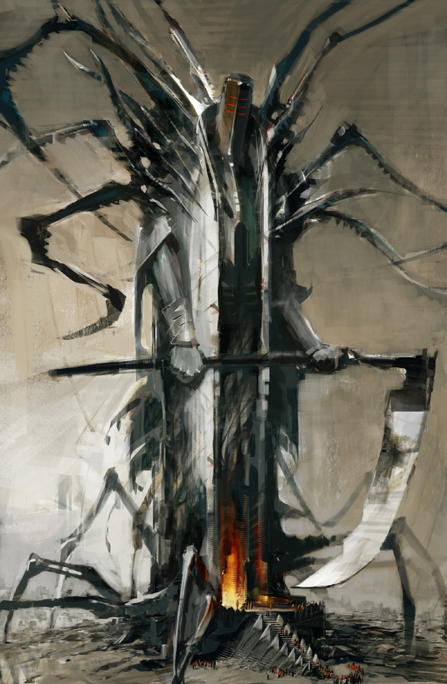 daniel dociu, abbadon (guild wars), guild wars (series), guild wars 1, concept art, building, fantasy, red eyes, scythe