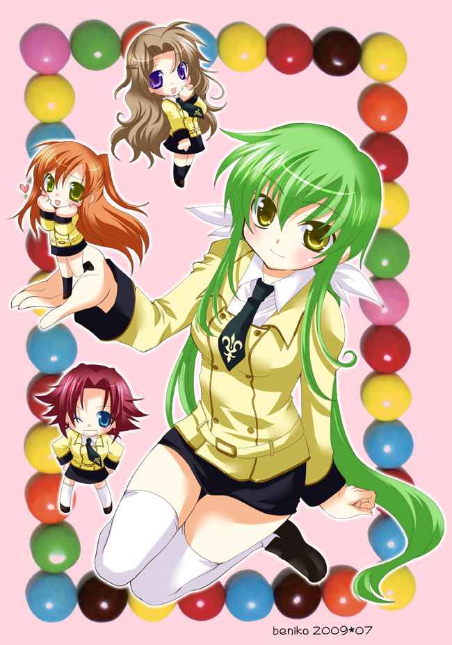 beniko, c.c., kouzuki kallen, nunnally vi britannia, shirley fenette, code geass, 00s, 4girls, blue eyes, blush, brown hair, green eyes, green hair, heart, long hair, multiple girls, necktie, one eye closed, purple eyes, red hair, school uniform, thighhighs, yellow eyes