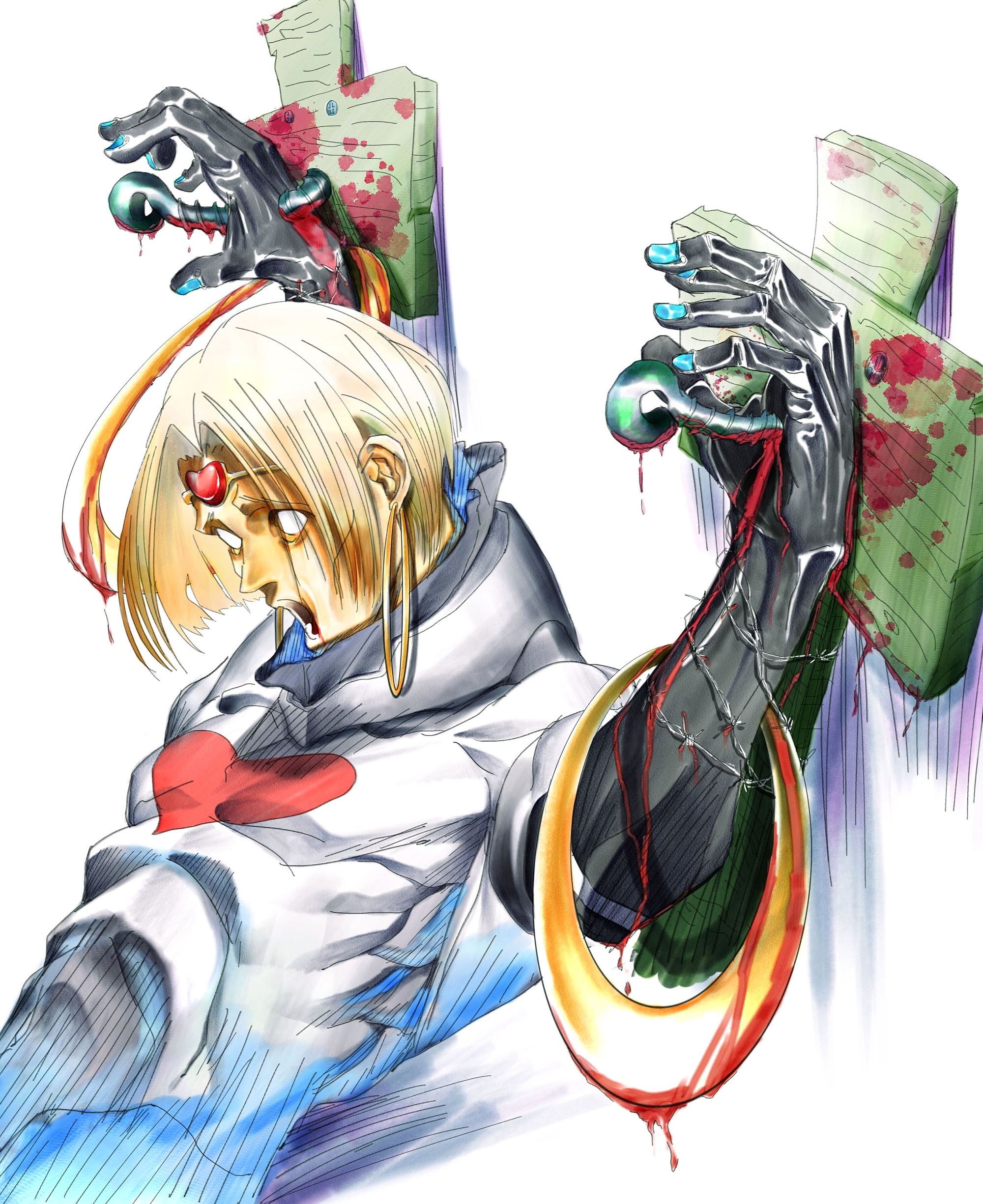 storyteller777, zappa, guilty gear, absurdres, commentary request, highres, 1boy, arms up, barbed wire, blank eyes, blood, blue nails, bodysuit, circlet, cross, crucifixion, earrings, hatching (texture), heart, heart print, hoop earrings, jewelry, latin cross, male focus, muscular, muscular male, nail polish, open mouth, screw, short hair, simple background, skin tight, solo, white background