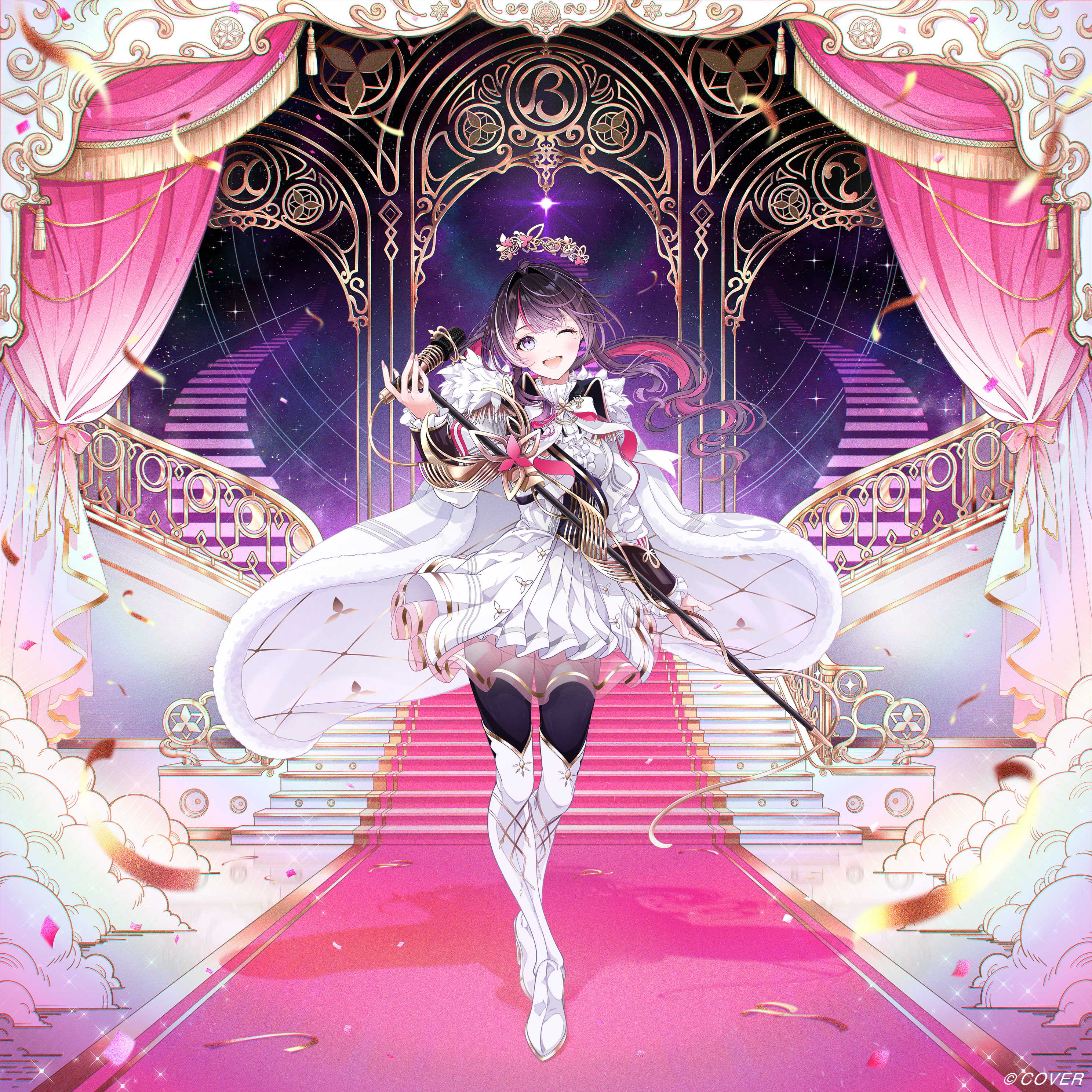 muto (n0sug4r), azki (hololive), hololive, absurdres, commentary request, highres, official art, 1girl, ;d, azki (prima diva) (hololive), black corset, black hair, blonde hair, boots, bow, bowtie, cape, center frills, colored inner hair, confetti, copyright notice, corset, crown, curtains, double-parted bangs, dress, floating crown, floating hair, frilled dress, frills, full body, fur cape, gold trim, hair between eyes, hair intakes, holding, holding microphone, jacket, layered skirt, long hair, long sleeves, looking at viewer, microphone, miniskirt, mole, mole under eye, multicolored hair, official alternate costume, official alternate hairstyle, one eye closed, open mouth, pink hair, pleated skirt, purple eyes, see-through skirt layer, shirt, sidelocks, skirt, smile, solo, stairs, straight-on, streaked hair, teeth, thigh boots, upper teeth only, virtual youtuber, white boots, white bow, white bowtie, white cape, white hair, white jacket, white shirt, white skirt