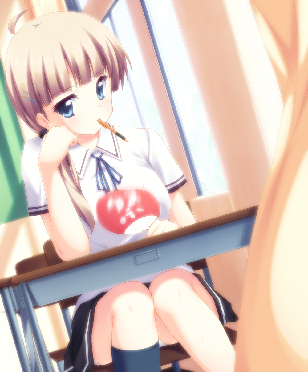 minase shuu, original, light brown hair, highres, 1girl, ahoge, blue eyes, brown hair, female focus, hair ornament, hairclip, hand fan, kneehighs, long hair, motion blur, mouth hold, panties, pantyshot, paper fan, pen, school uniform, single kneehigh, single sock, skirt, socks, solo, sweat, uchiwa, underwear, upskirt