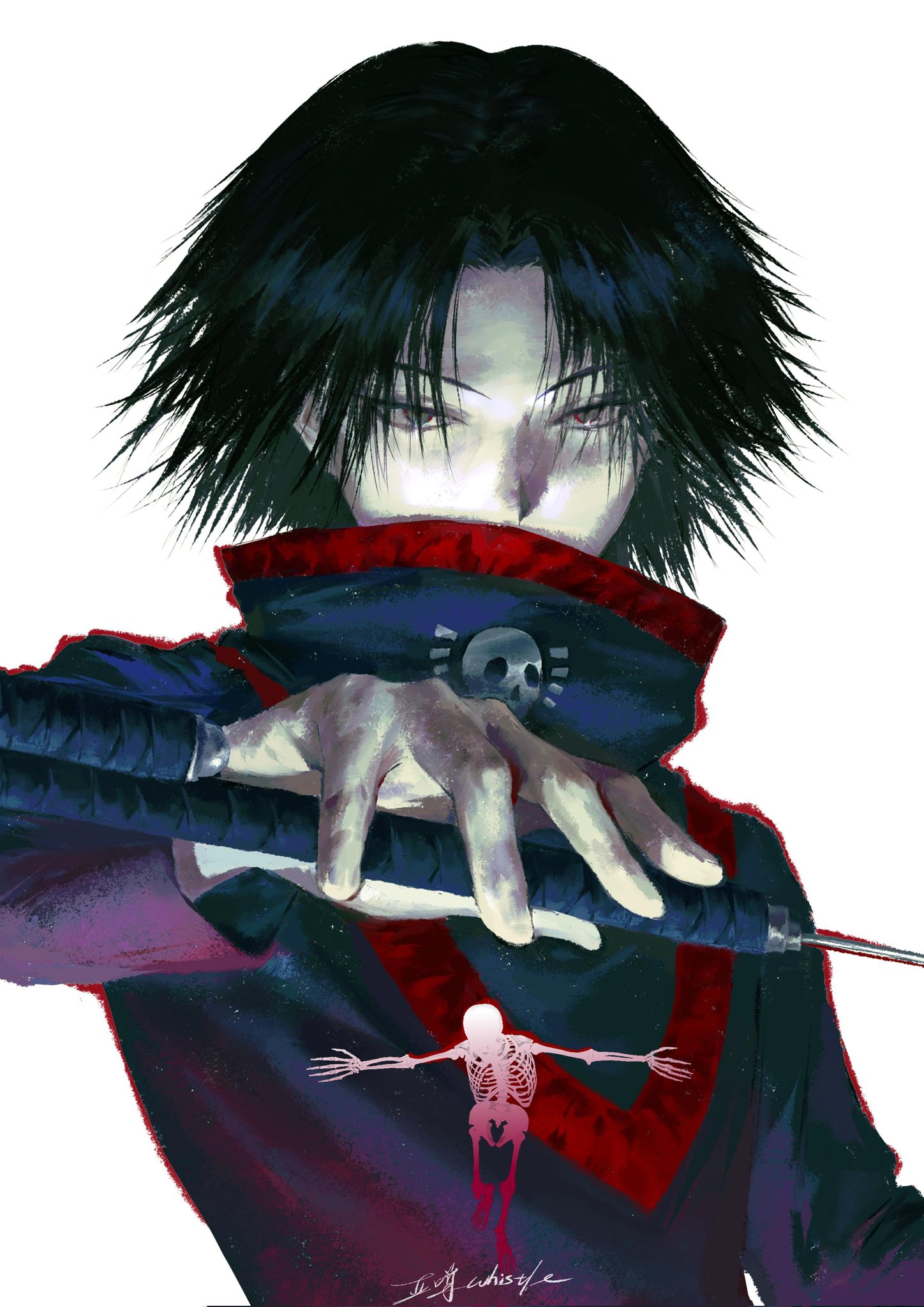 whistle 0324, feitan portor, hunter x hunter, hashtag-only commentary, highres, 1boy, black eyes, curtained hair, grey eyes, holding, holding weapon, looking at viewer, male focus, short hair, signature, simple background, skeleton, solo, upper body, weapon, white background