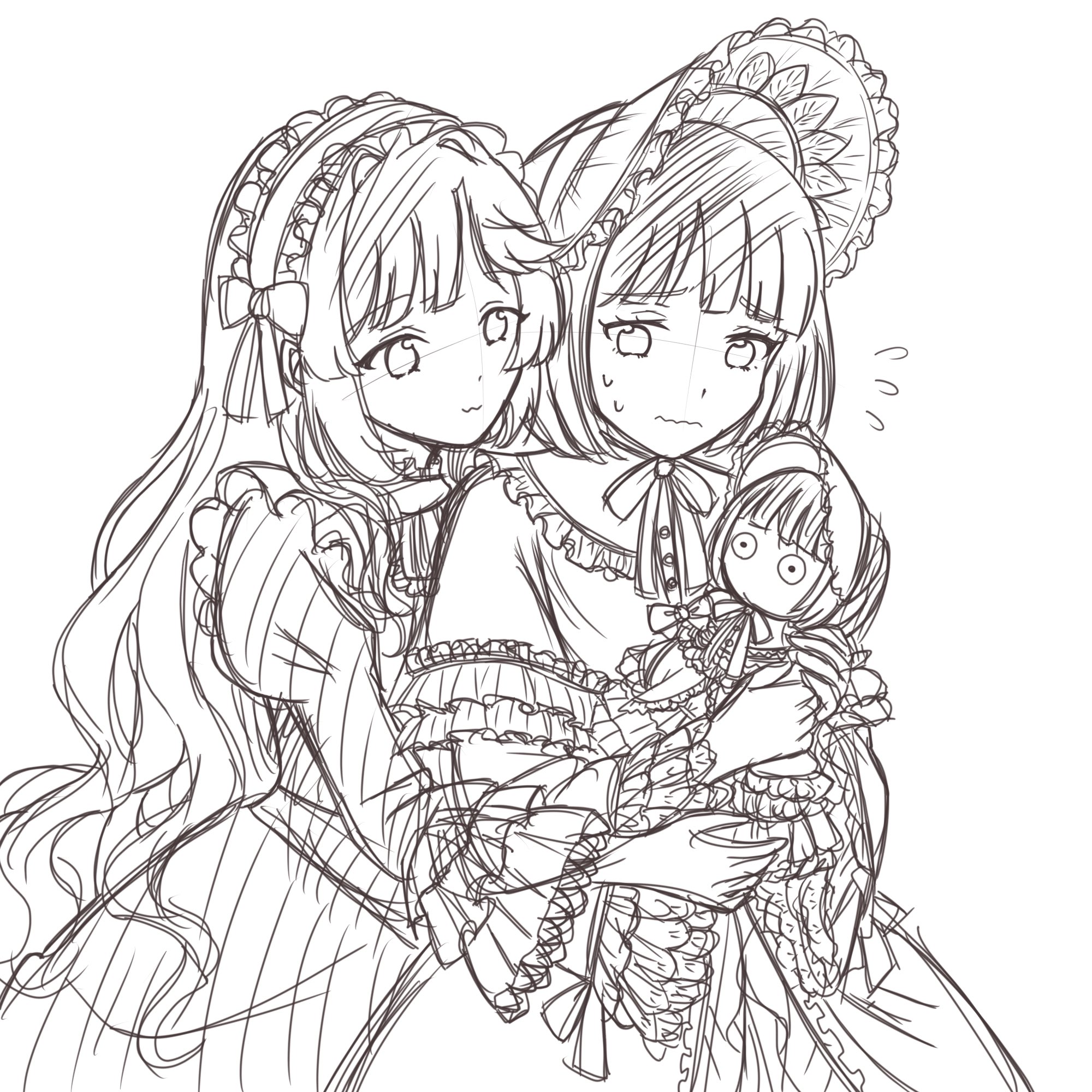 anyoji hime, momose ginko, link! like! love live!, love live!, commentary request, highres, 2girls, :3, bonnet, character doll, closed mouth, cowboy shot, doll, flying sweatdrops, greyscale, hairband, hug, hug from behind, juliet sleeves, lolita fashion, lolita hairband, long sleeves, monochrome, multiple girls, nervous sweating, official alternate costume, poupee en lotus (love live!), puffy sleeves, pukupuku (puku shiohime), simple background, sketch, standing, sweat, virtual youtuber, wavy mouth, white background, yuri