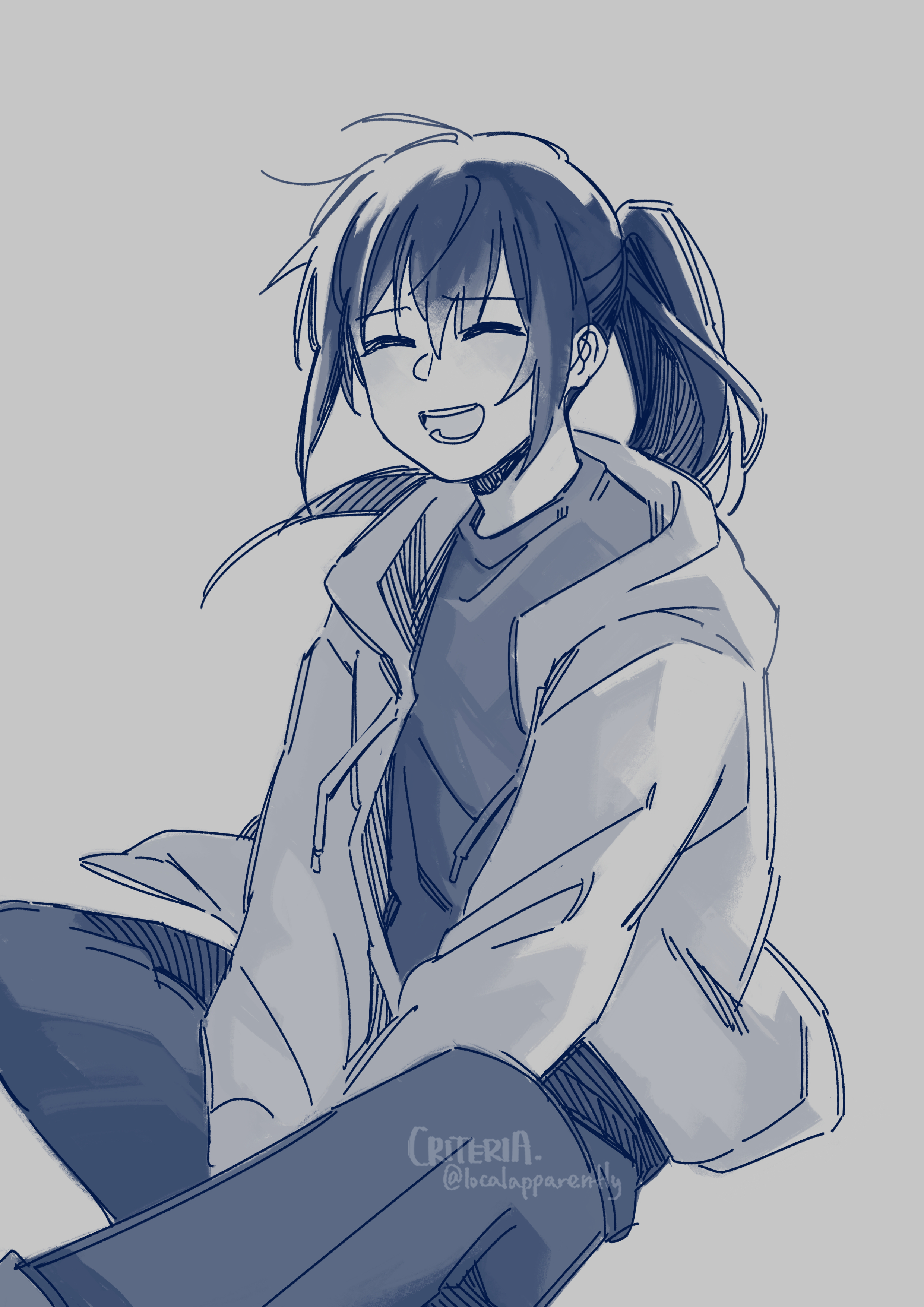 criteria, lee jihye, omniscient reader's viewpoint, absurdres, highres, 1girl, closed eyes, facing viewer, figure four sitting, floating hair, grin, high ponytail, hood, hood down, jacket, ponytail, shirt, sidelocks, sitting, smile, solo