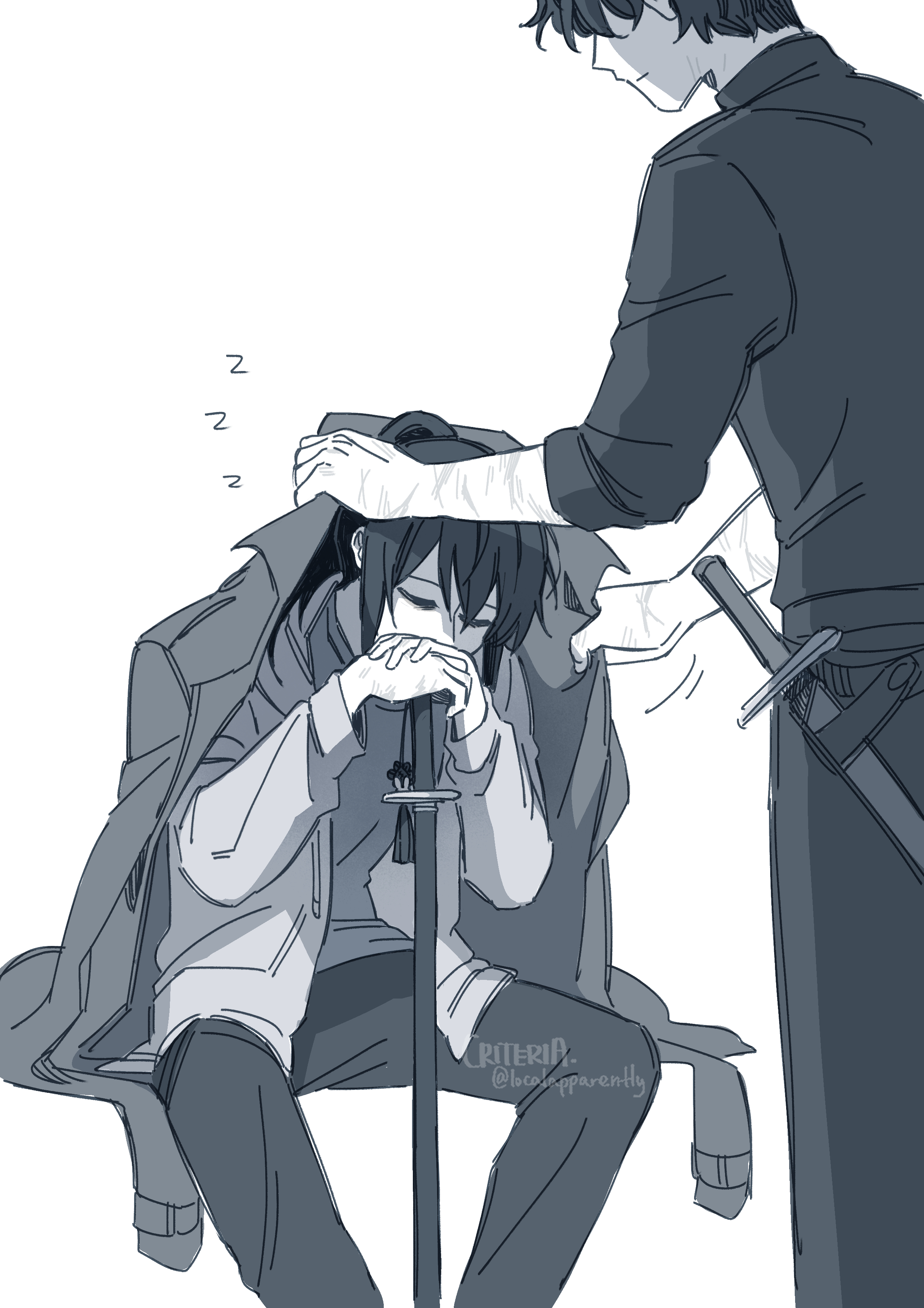 criteria, lee jihye, yoo joonghyuk, omniscient reader's viewpoint, absurdres, highres, 1boy, 1girl, black coat, coat, covering with clothes, feet out of frame, greyscale, head down, holding, holding sword, holding weapon, invisible chair, jacket, knees apart feet together, long sleeves, monochrome, multiple scars, open clothes, open jacket, own hands together, planted, planted sword, planted weapon, scabbard, scar, scar on arm, sheath, short hair, sitting, sleeves rolled up, sword, weapon, zzz