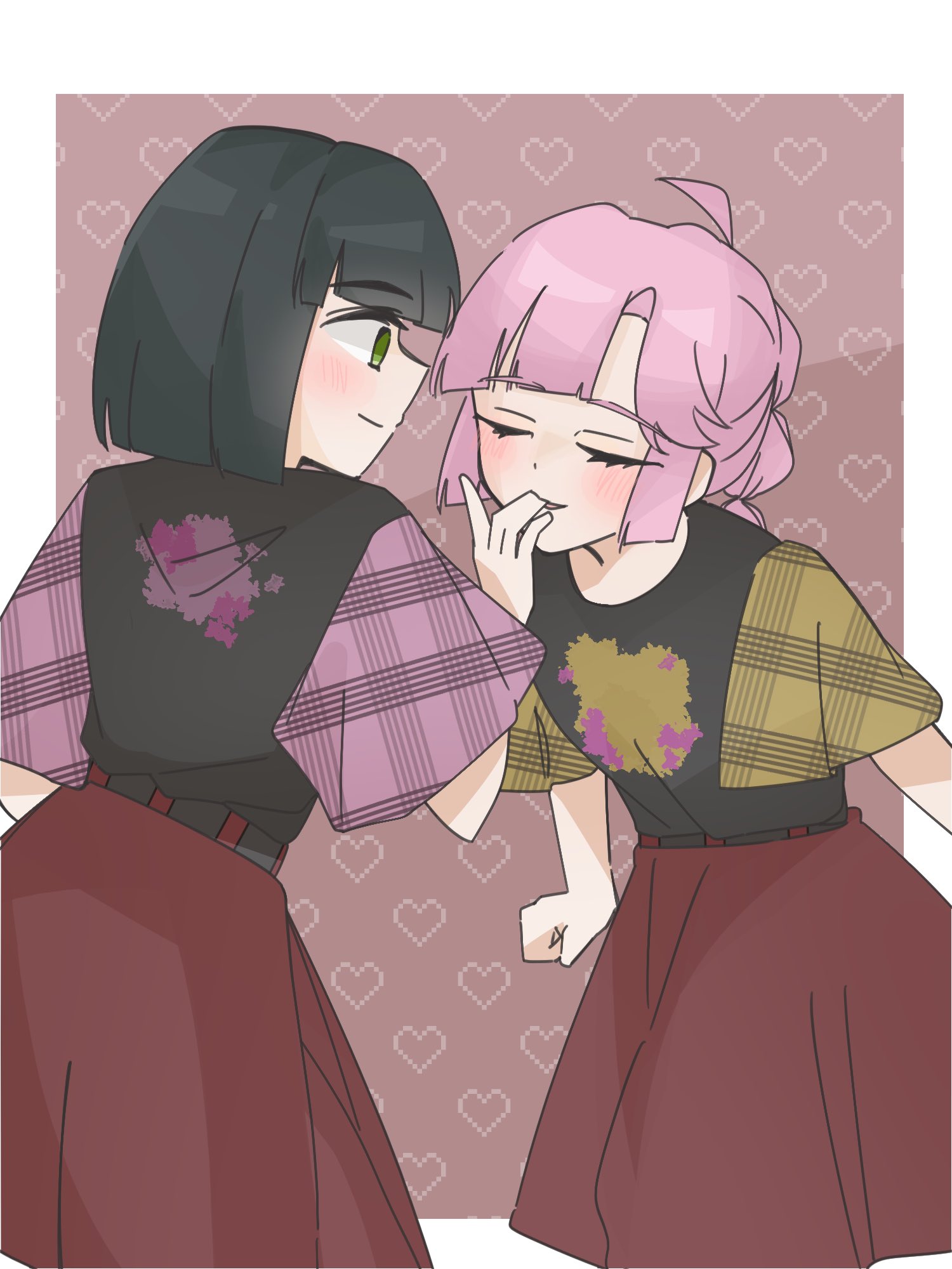 anyoji hime, momose ginko, link! like! love live!, love live!, commentary request, highres, 2girls, 5th live tour ~4pair power spread!!!!~, ahoge, black hair, black shirt, blunt bangs, blunt ends, blunt sidelocks, blush, bob cut, border, brown background, brown skirt, closed eyes, cowboy shot, green eyes, heart, heart background, looking at another, medium skirt, mihasu ll, multi-tied hair, multiple girls, outside border, parted lips, pink hair, pink sleeves, pixel heart, plaid clothes, plaid sleeves, pleated skirt, ponytail, shirt, short hair, short sleeves, sidelocks, skirt, trick & cute (love live!), virtual youtuber, white border, yellow sleeves