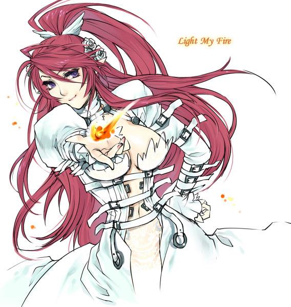 ignis (jingai makyou), jingai makyou, bad id, bad pixiv id, 1girl, breasts, buckle, center opening, choker, cleavage, dress, female focus, fire, flower, hair flower, hair ornament, hand on own hip, hip focus, lace, large breasts, long hair, nail polish, no bra, no panties, pink nails, pointy ears, ponytail, purple eyes, red hair, rose, see-through clothes, smile, solo, strap, very long hair, wedding dress