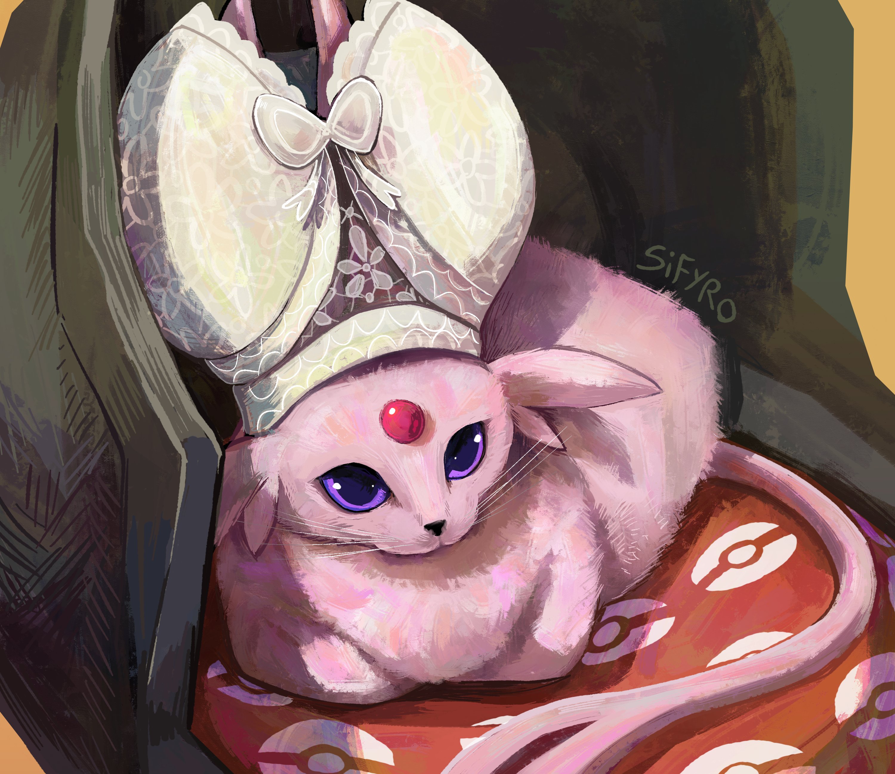 sifyro, espeon, nintendo, pokemon, absurdres, highres, photo-referenced, artist name, bra, bra on head, gen 2 pokemon, indoors, lace, lace-trimmed bra, lace trim, no humans, object on head, pokemon (creature), underwear, white bra