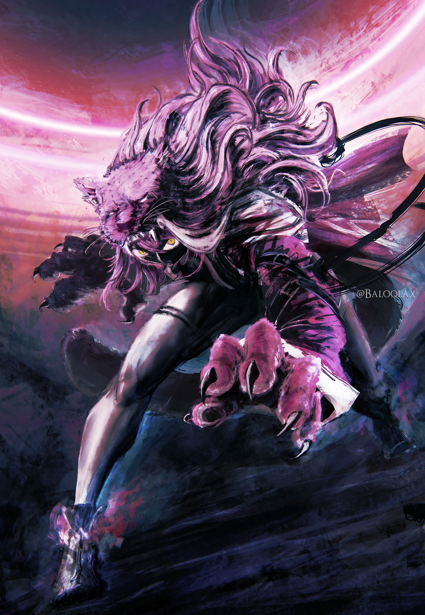 baloolax, raora panthera, hololive, hololive english, absurdres, commentary, english commentary, highres, 1girl, alternate costume, animal ear fluff, animal ears, animal hands, artist name, card, eyes in shadow, lion hood, long hair, long sleeves, looking at viewer, messy hair, panther girl, panther tail, pink hair, puffy sleeves, shoes, slit pupils, strength (tarot), tail, tarot, tarot card, virtual youtuber, yellow eyes