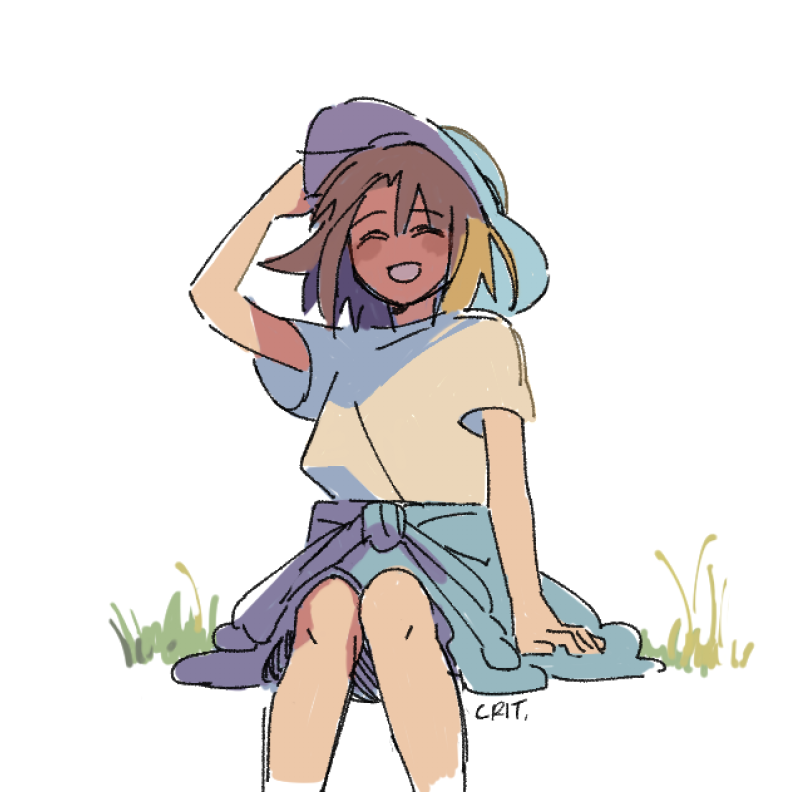 criteria, shin yoosung, omniscient reader's viewpoint, 1girl, blonde hair, blue shorts, bob cut, closed eyes, clothes around waist, grass, grin, hand on own hat, jacket, jacket around waist, knees together feet apart, shaded face, shirt, shirt tucked in, short hair, shorts, smile, solo, t-shirt, white shirt
