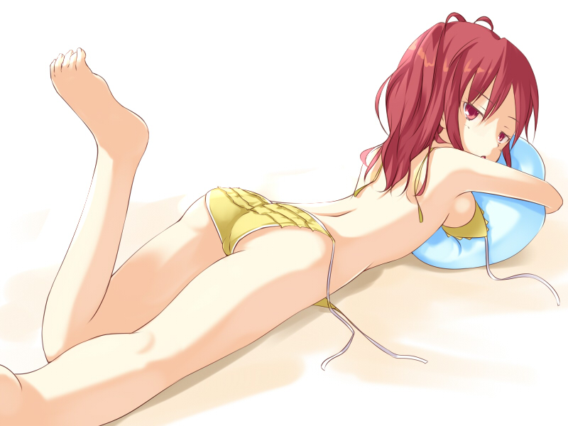 kuro (be ok), original, untied, bad id, bad pixiv id, 1girl, ball, barefoot, beachball, bikini, breasts, feet, female focus, looking back, lying, on stomach, red eyes, red hair, side-tie bikini bottom, sideboob, small breasts, solo, swimsuit, yellow bikini
