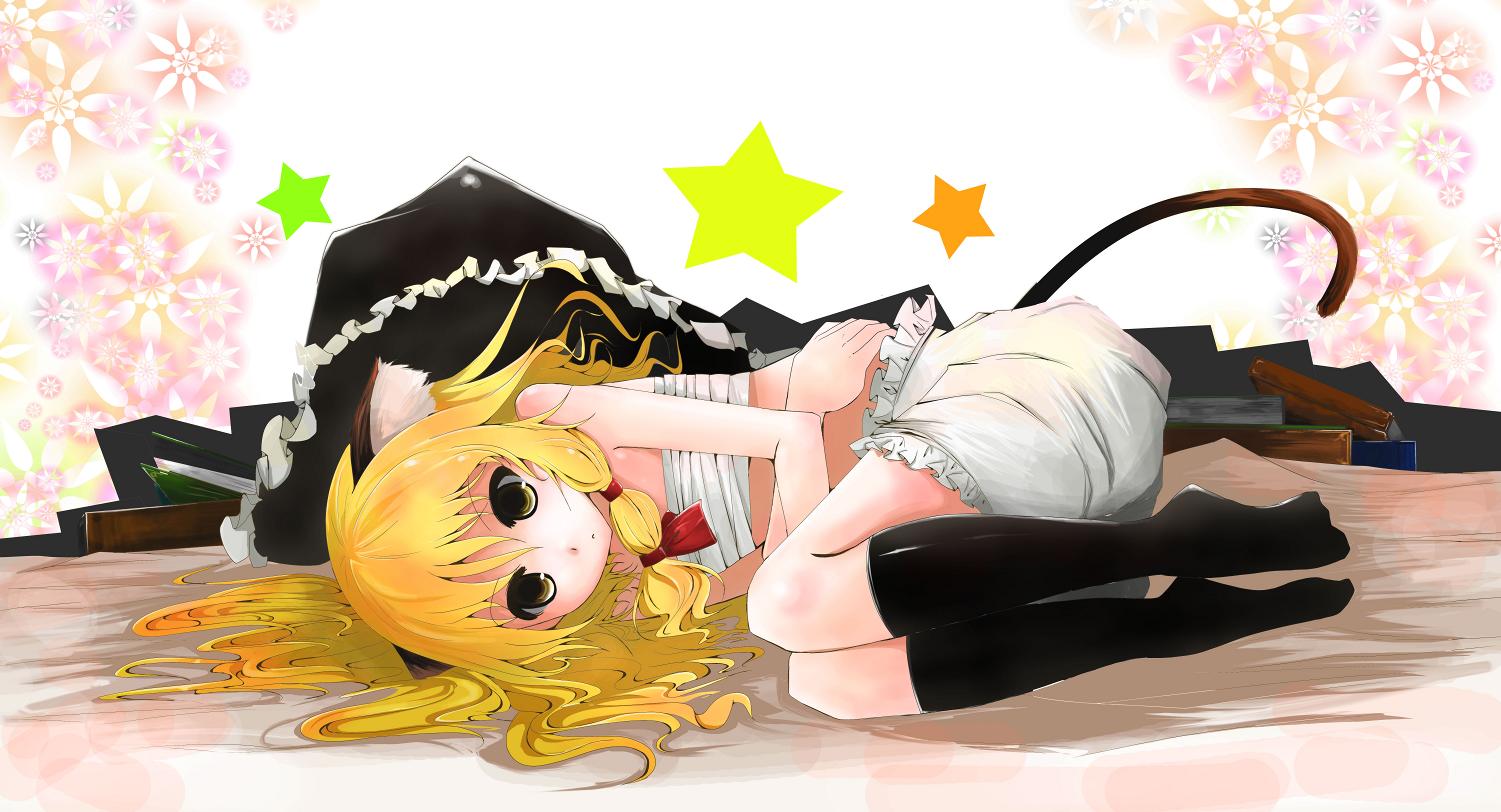 arano oki, saba miso, kirisame marisa, touhou, 1girl, animal ears, blonde hair, bloomers, book, cat ears, cat girl, cat tail, female focus, hat, long hair, lying, on side, sarashi, socks, solo, tail, underwear, witch, witch hat, yellow eyes