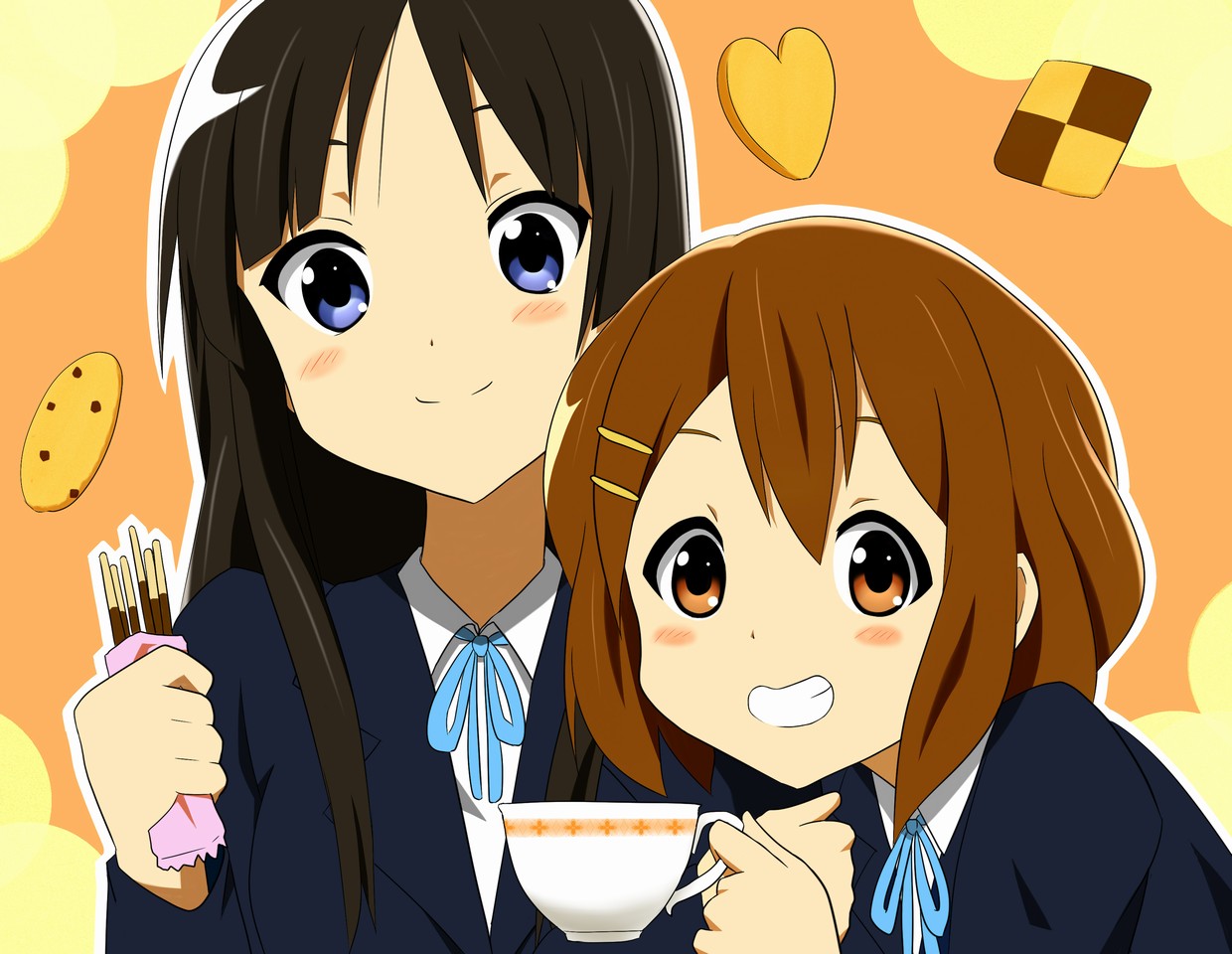 tsuchifumazu, akiyama mio, hirasawa yui, k-on!, bad id, bad pixiv id, 00s, 2girls, black eyes, blue eyes, blush, brown eyes, brown hair, checkerboard cookie, cookie, cup, food, grin, hair ornament, hairclip, long hair, multiple girls, pocky, school uniform, short hair, smile, teacup