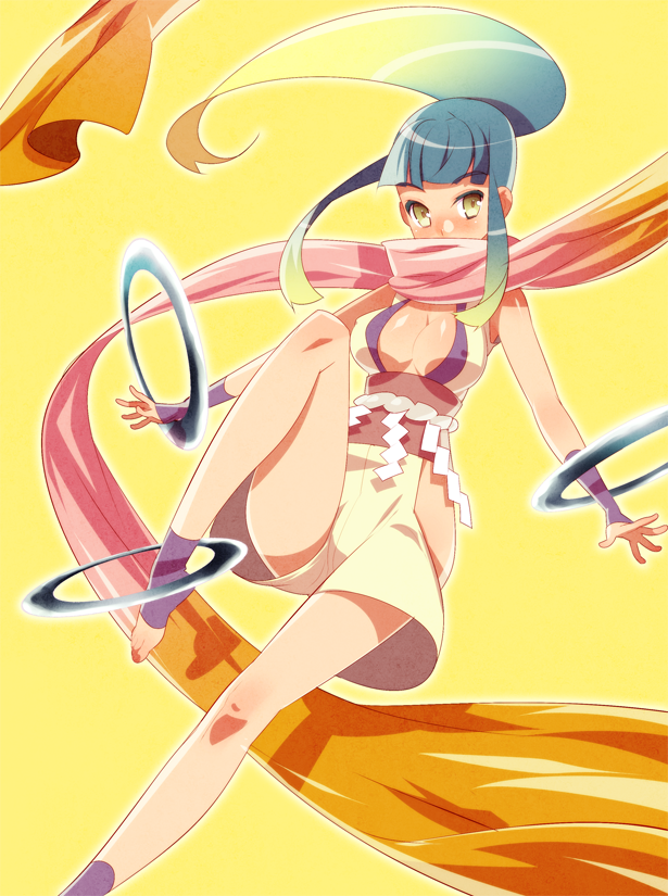 tensugi takashi, blush, breasts, large breasts, long hair, ponytail, scarf, yellow eyes