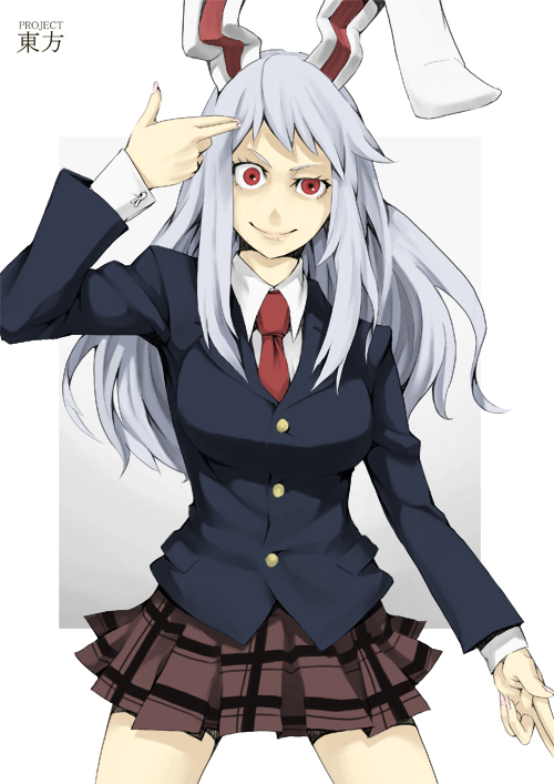 gajuumaru, reisen udongein inaba, touhou, silver hair, 1girl, animal ears, blazer, female focus, finger gun, finger gun to head, jacket, long hair, necktie, pleated skirt, rabbit ears, red eyes, red necktie, skirt, solo