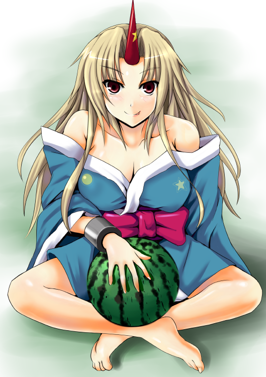 mugen houteishiki, mugenshiki, hoshiguma yuugi, touhou, bad id, bad pixiv id, 1girl, :p, barefoot, blonde hair, breasts, cleavage, feet, female focus, food, fruit, horns, japanese clothes, large breasts, long hair, red eyes, single horn, sitting, solo, tongue, tongue out, watermelon