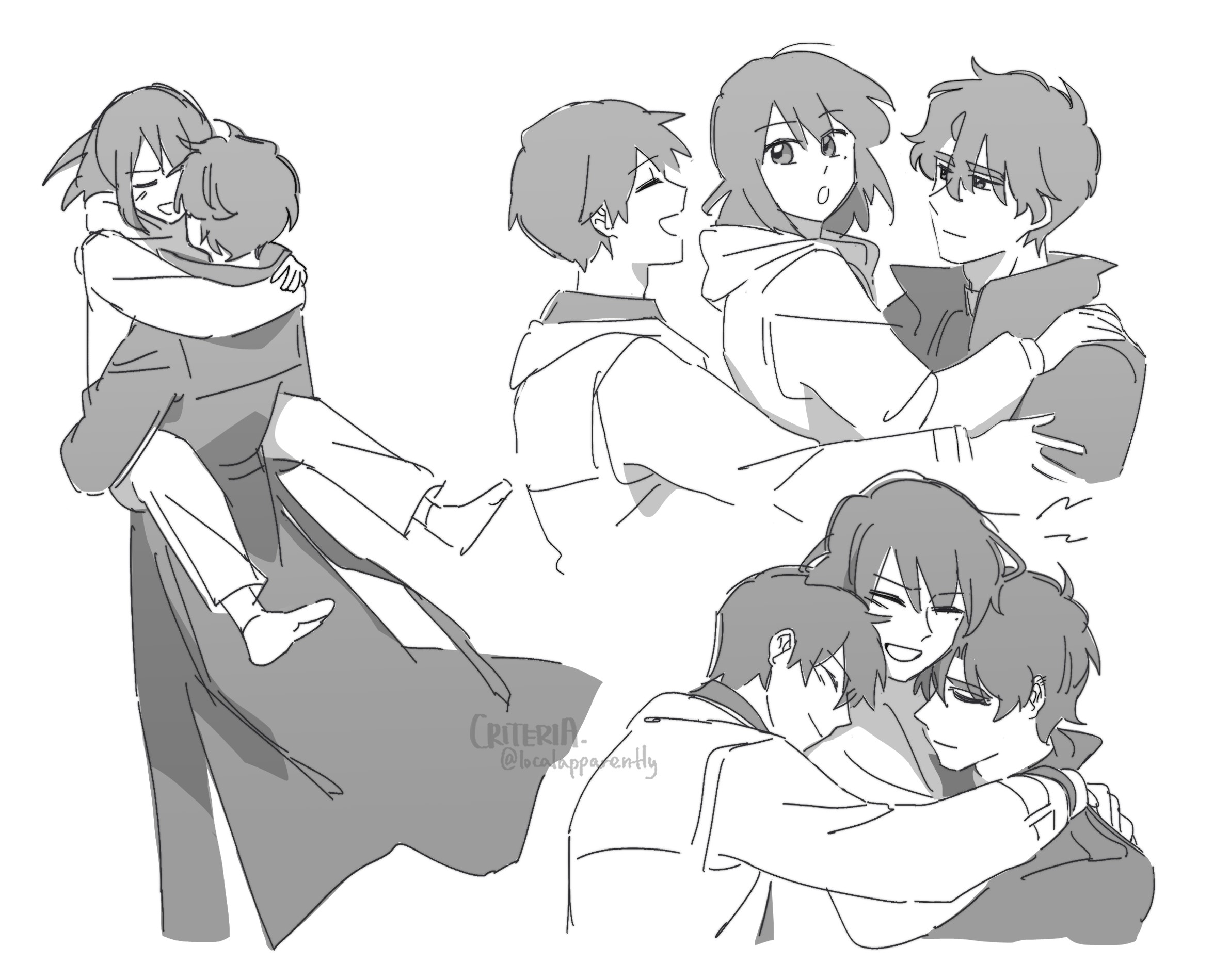 criteria, han sooyoung, kim dokja, yoo joonghyuk, omniscient reader's viewpoint, highres, 1girl, 2boys, :o, arm around neck, barefoot, black coat, carrying, coat, full body, greyscale, grin, group hug, hood, hood down, hoodie, hug, monochrome, multiple boys, open clothes, open coat, outstretched legs, popped collar, short hair, smile, white coat