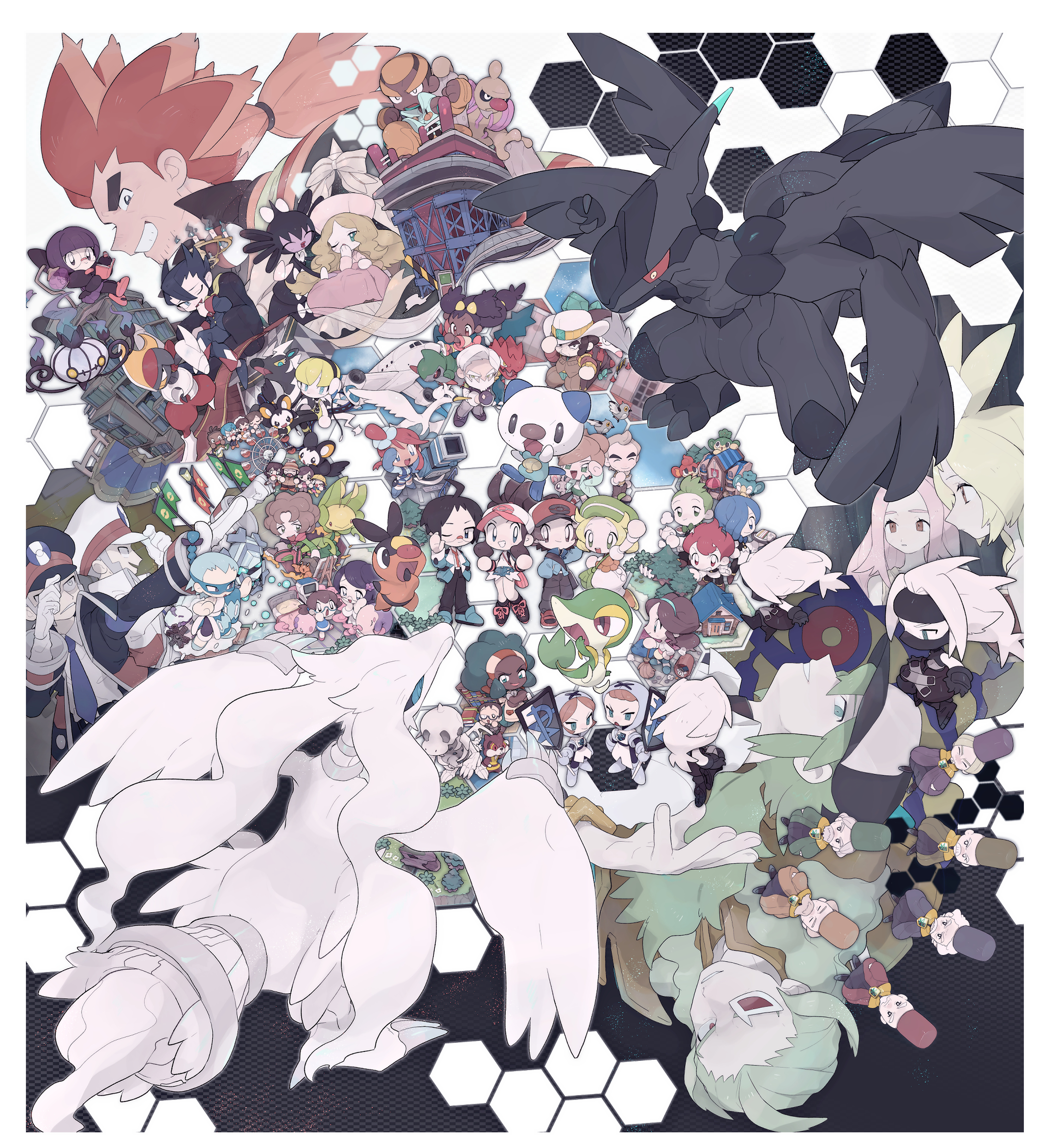 mimura (nnnnnnnnmoo), ace trainer (male) (pokemon bw), ace trainer (pokemon), alder (pokemon), amanita (pokemon), anthea (pokemon), bianca (pokemon), bisharp, bronius (pokemon), brycen (pokemon), burgh (pokemon), caitlin (pokemon), cedric juniper, chandelure, cheren (pokemon), chili (pokemon), cilan (pokemon), clay (pokemon), concordia (pokemon), conkeldurr, cress (pokemon), cryogonal, dancer (pokemon), drayden (pokemon), druddigon, dwebble, elesa (pokemon), emmet (pokemon), emolga, fennel (pokemon), fraxure, ghetsis (pokemon), giallo (pokemon), gorm (pokemon), gothitelle, grimsley (pokemon), hawes (pokemon), hiker (pokemon), hilbert (pokemon), hilda (pokemon), ingo (pokemon), iris (pokemon), leavanny, lenora (pokemon), marshal (pokemon), minccino, munna, musharna, n (pokemon), office worker (pokemon), oshawott, panpour, pansage, pansear, pidove, preschooler (pokemon), professor juniper, reshiram, rood (pokemon), ryoku (pokemon), shadow triad, shauntal (pokemon), skyla (pokemon), snivy, swanna, team plasma grunt, tepig, unova mother (bw), waitress (pokemon), watchog, zebstrika, zekrom, zinzolin (pokemon), nintendo, pokemon, pokemon bw, character request, commentary request, highres, 6+boys, 6+girls, :>, :o, absolutely everyone, adjusting clothes, adjusting headwear, ahoge, aircraft, airplane, apron, aqua hairband, aqua jacket, aqua shoes, arm up, bag, baseball cap, beard, bird, black hair, black hat, black mask, black pants, black sclera, black shoes, black suit, blanket, blonde hair, blue bow, blue bowtie, blue eyes, blue gloves, blue shorts, blunt bangs, book, bookshelf, border, bow, bowtie, broom, brothers, brown eyes, brown hair, brown hat, brown pants, brown vest, building, candle, cannon, canvas (object), chair, chibi, chibi inset, claws, clenched hands, closed eyes, closed mouth, colored sclera, covered mouth, cowboy hat, crossed arms, dark-skinned female, dark-skinned male, dark skin, denim, denim shorts, dragon, dragon wings, dust, easel, elbow gloves, empty eyes, everyone, eyelashes, facial hair, fang, ferris wheel, fire, flower, formal clothes, gem, gen 5 pokemon, glasses, gloves, grass, green bag, green eyes, green hair, green hat, grey eyes, grey hair, grey pants, grin, hair between eyes, hair bun, hair flower, hair ornament, hair over one eye, hairband, handbag, hat, hexagon, holding, holding book, holding broom, holding paintbrush, honeycomb (pattern), honeycomb background, hood, hood up, house, jacket, lamppost, legendary pokemon, lips, log, long hair, mask, mature male, medium hair, mismatched eyebrows, monocle, mouth guard, mouth mask, multicolored hair, multiple boys, multiple girls, mustache, necktie, one eye closed, opaque monocle, open book, open clothes, open jacket, open mouth, orange hair, orange pants, outstretched arm, paint, paintbrush, pants, pink hair, pointing, pokemon (creature), ponytail, purple fire, purple hair, purple hat, red-tinted eyewear, red bow, red bowtie, red eyes, red hair, red hat, red necktie, red nose, red sclera, red shoes, round eyewear, semi-rimless eyewear, shirt, shoelaces, shoes, short hair, shorts, siblings, single hair bun, skeleton, smile, stairs, starter pokemon trio, steam, suit, tall hat, team plasma, team plasma uniform, teapot, teeth, thick eyebrows, tinted eyewear, traditional bowtie, trash, trash can, tree, triplets, twins, two-tone hair, u u, v-shaped eyebrows, very short hair, vest, waitress, white-framed eyewear, white border, white eyes, white gloves, white hair, white hat, white headdress, white shirt, wings, yawning, yellow eyes, yellow hat, yellow sclera