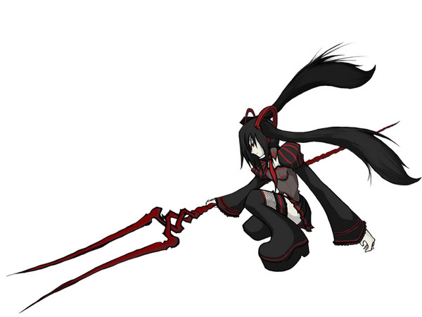 zatsune miku, neon genesis evangelion, vocaloid, 1girl, black hair, crossover, female focus, lance of longinus (evangelion), pale skin, polearm, red eyes, skirt, solo, spear, twintails, weapon