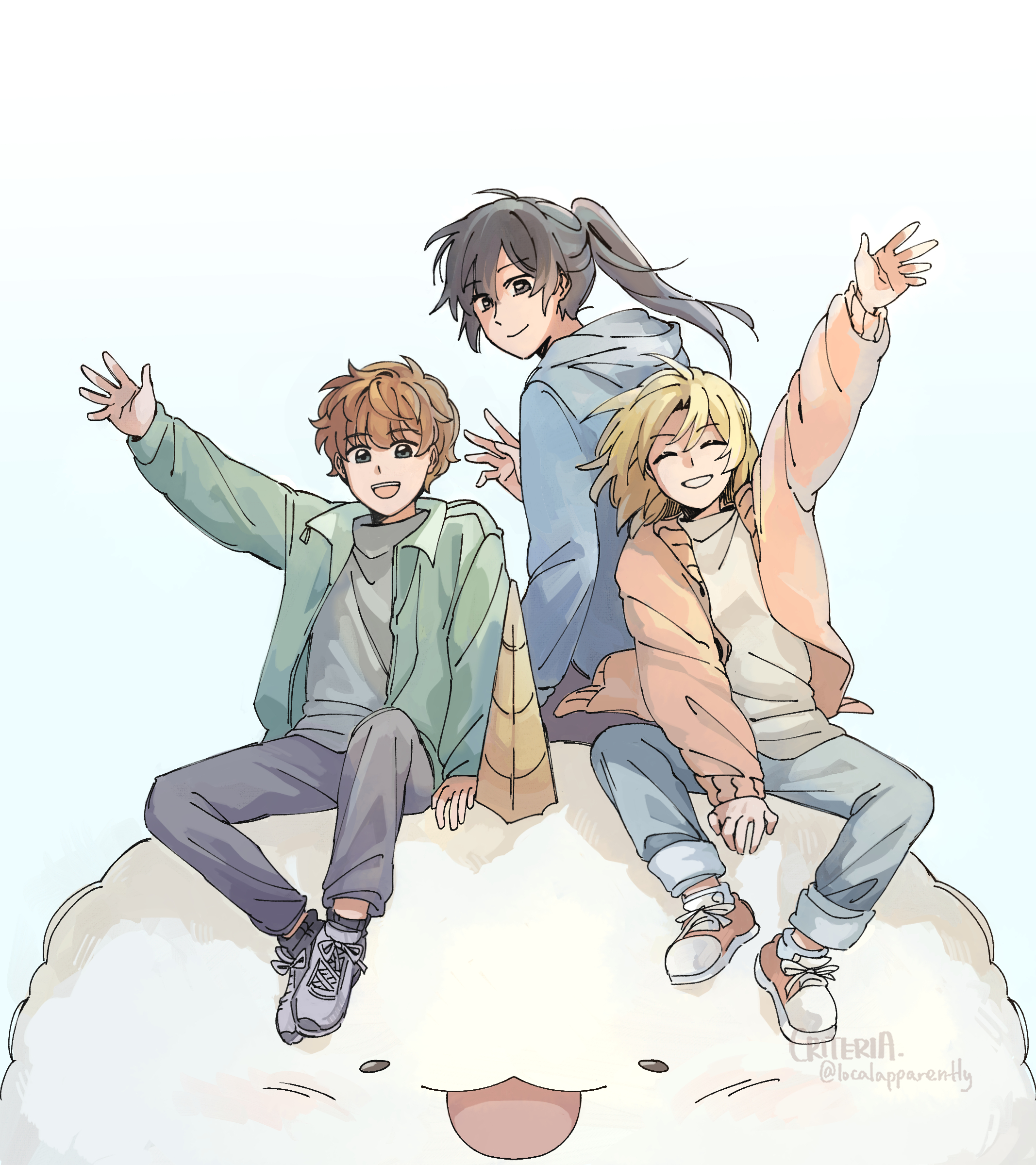 criteria, biyoo (omniscient reader's viewpoint), lee gilyoung, lee jihye, shin yoosung, omniscient reader's viewpoint, absurdres, highres, 1boy, 2girls, animal, black eyes, blonde hair, blue jacket, bob cut, brown hair, cardigan, full body, green jacket, grin, high ponytail, hood, hood down, jacket, knees apart feet together, looking at viewer, looking back, multiple girls, open clothes, open jacket, outstretched arm, oversized animal, pink cardigan, ponytail, shirt, sitting, smile, waving, white shirt, wind