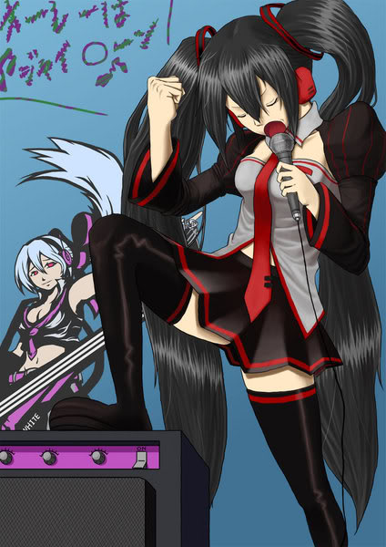 yowane haku, zatsune miku, vocaloid, translation request, 2girls, black hair, long hair, microphone, multiple girls, necktie, red eyes, skirt, thighhighs, twintails, very long hair, white hair