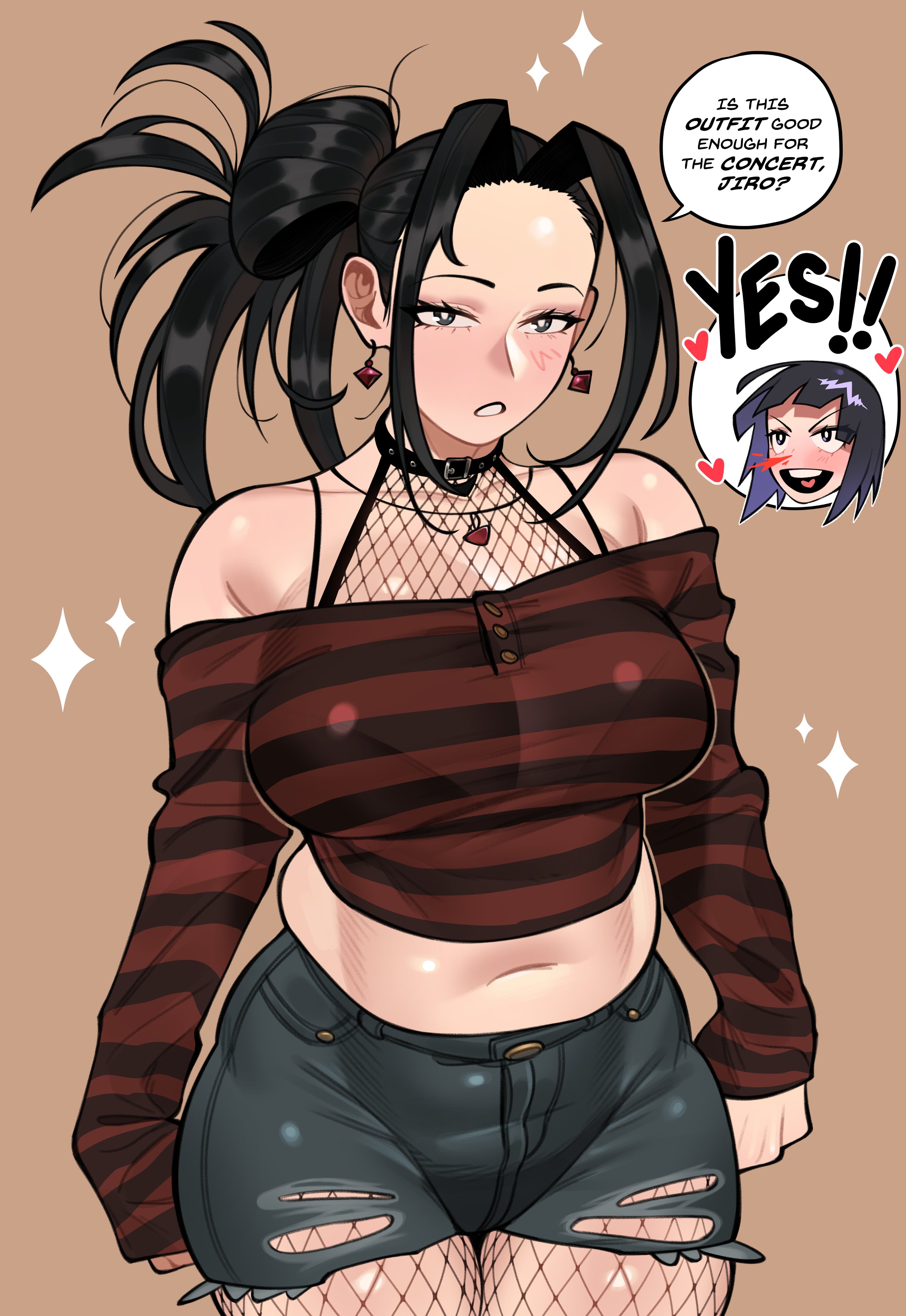 loopvoid, jiro kyoka, yaoyorozu momo, 2girls, alternate costume, bare shoulders, black eyes, black hair, blood, breasts, denim, denim shorts, earrings, female focus, fishnet pantyhose, fishnets, heart, implied yuri, jewelry, large breasts, long sleeves, matching hair/eyes, midriff, multiple girls, navel, nosebleed, pantyhose, ponytail, purple hair, shorts, solo focus, torn clothes, torn shorts