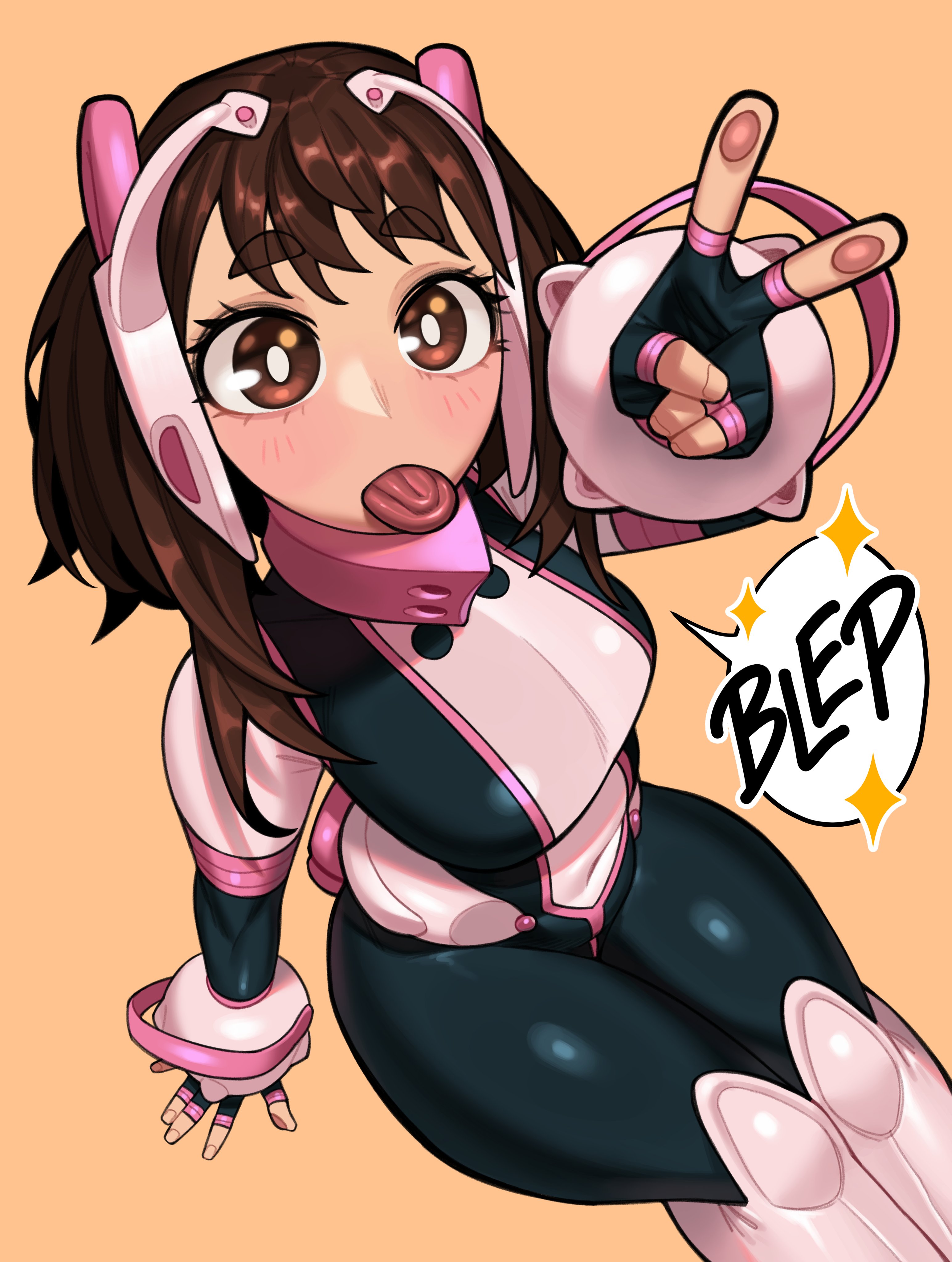 loopvoid, birdie (street fighter), uraraka ochako, boku no hero academia, 1girl, belt, bodysuit, breasts, brown eyes, brown hair, english text, female focus, large breasts, looking at viewer, matching hair/eyes, multicolored bodysuit, pink belt, short hair, sidelocks, skin tight, solo, speech bubble, superhero costume, thick thighs, thighs, tongue, tongue out, uraraka ochako (hero outfit)