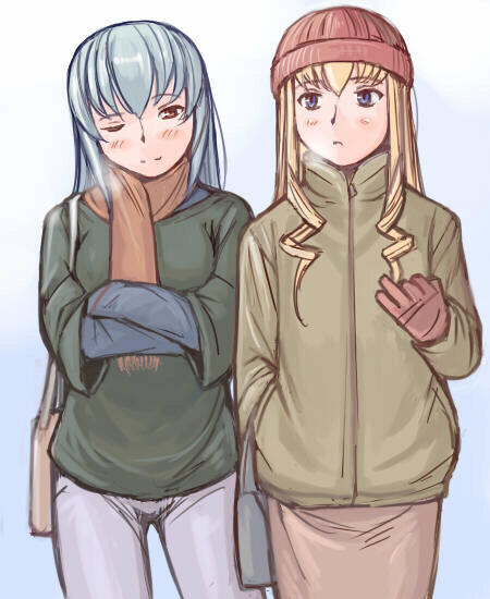 tsuda nanafushi, shinku, suigintou, rozen maiden, silver hair, 00s, aged up, beanie, blonde hair, blue eyes, casual, cold, gloves, hat, jacket, pants, red eyes, scarf, wink