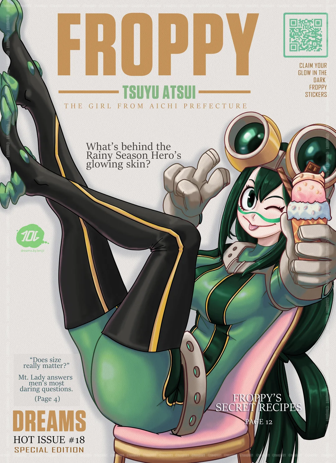 tenji, asui tsuyu, boku no hero academia, 1girl, artist name, ass, asui tsuyu (hero outfit), bodysuit, breasts, character name, cover, female focus, goggles, goggles on head, green bodysuit, green eyes, green hair, holding food, holding ice cream, ice cream, large breasts, looking at viewer, magazine cover, matching hair/eyes, one eye closed, qr code, smile, solo, split-toe footwear, superhero costume, thighs, v, wink