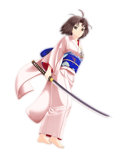 swimmer777, swimmer?, ryougi shiki, kara no kyoukai, 1girl, barefoot, brown hair, female focus, japanese clothes, katana, kimono, short hair, simple background, solo, sword, weapon