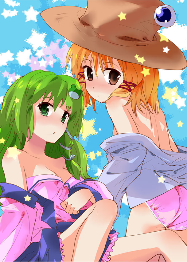 shige, kochiya sanae, moriya suwako, touhou, 2girls, bare shoulders, blush, female focus, looking back, multiple girls, panties, underwear