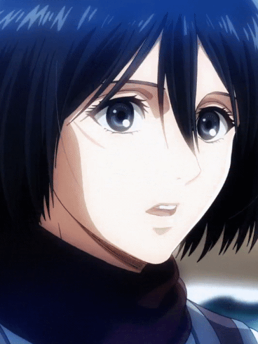 mikasa ackerman, shingeki no kyojin, animated, animated gif, anime screenshot, 1girl, black hair, female focus, forced smile, grey eyes, hair between eyes, open mouth, red scarf, scarf, short hair, solo, teeth