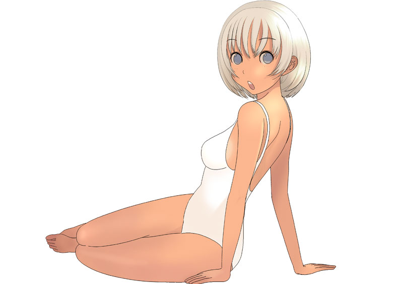 kiriman (souldeep), 1girl, arm support, barefoot, blue eyes, bob cut, female focus, grey eyes, grey hair, one-piece swimsuit, open mouth, short hair, simple background, solo, swimsuit, tan